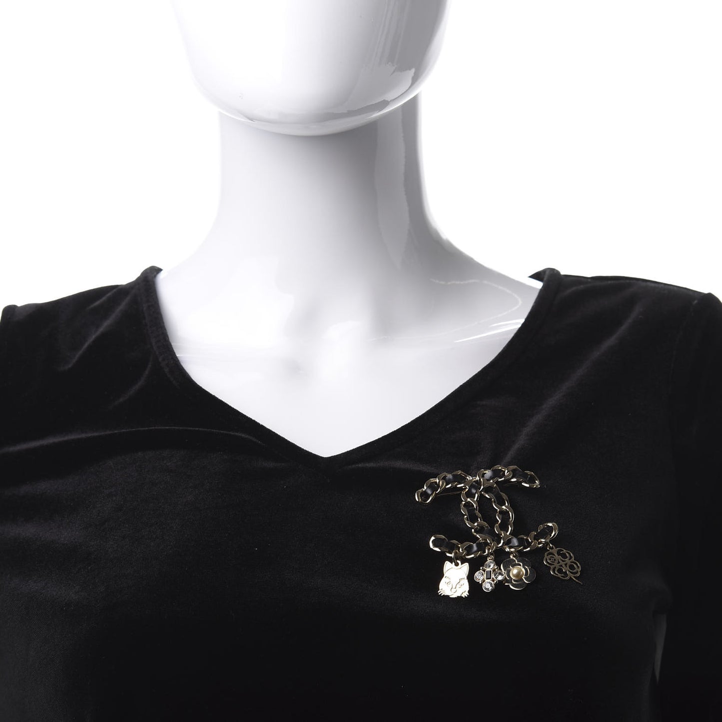 Lambskin Crystal Chain CC Charms Brooch Black Gold