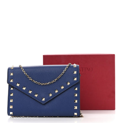 Valentino Garavani Pebbled Calfskin Rockstud Envelope Wallet On Chain Bag Blu Delft 2 of 13