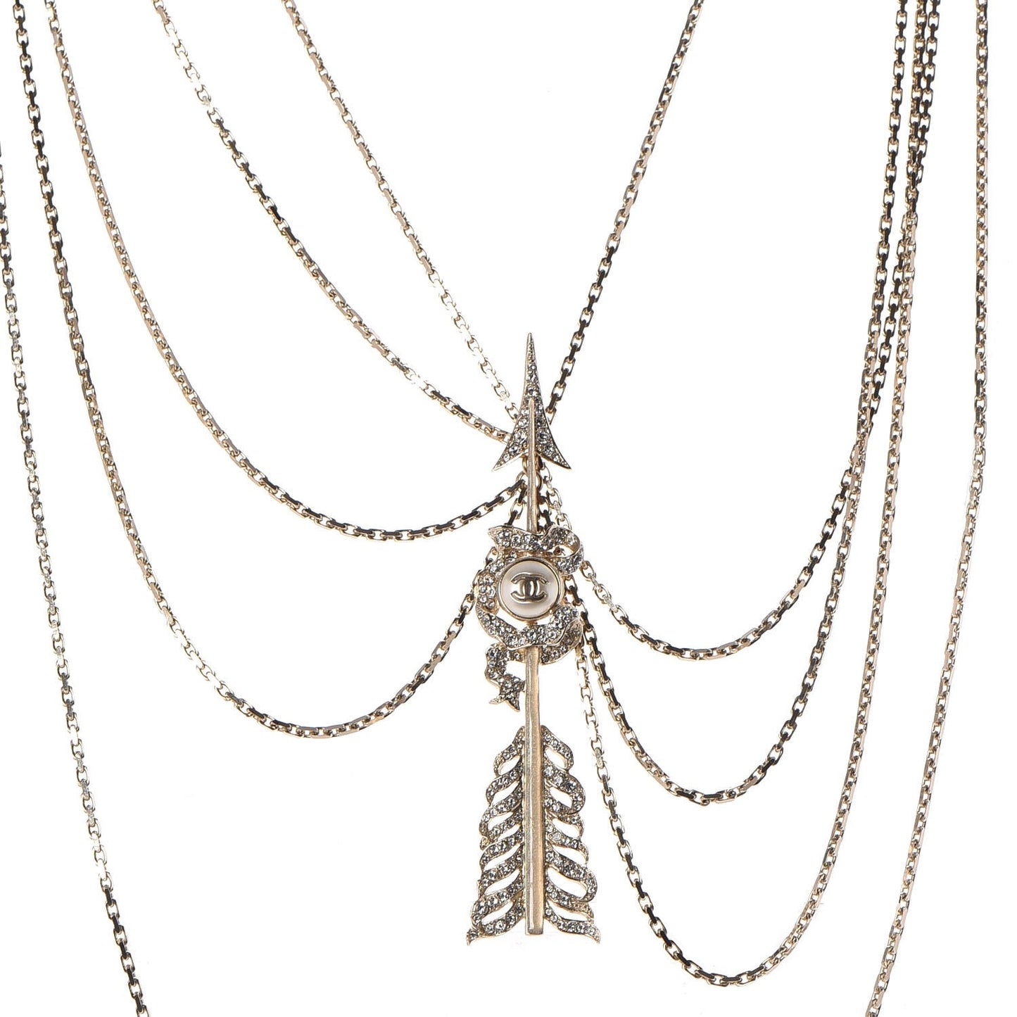 Crystal Pearl Chain CC Arrow Multi Strand Necklace Gold