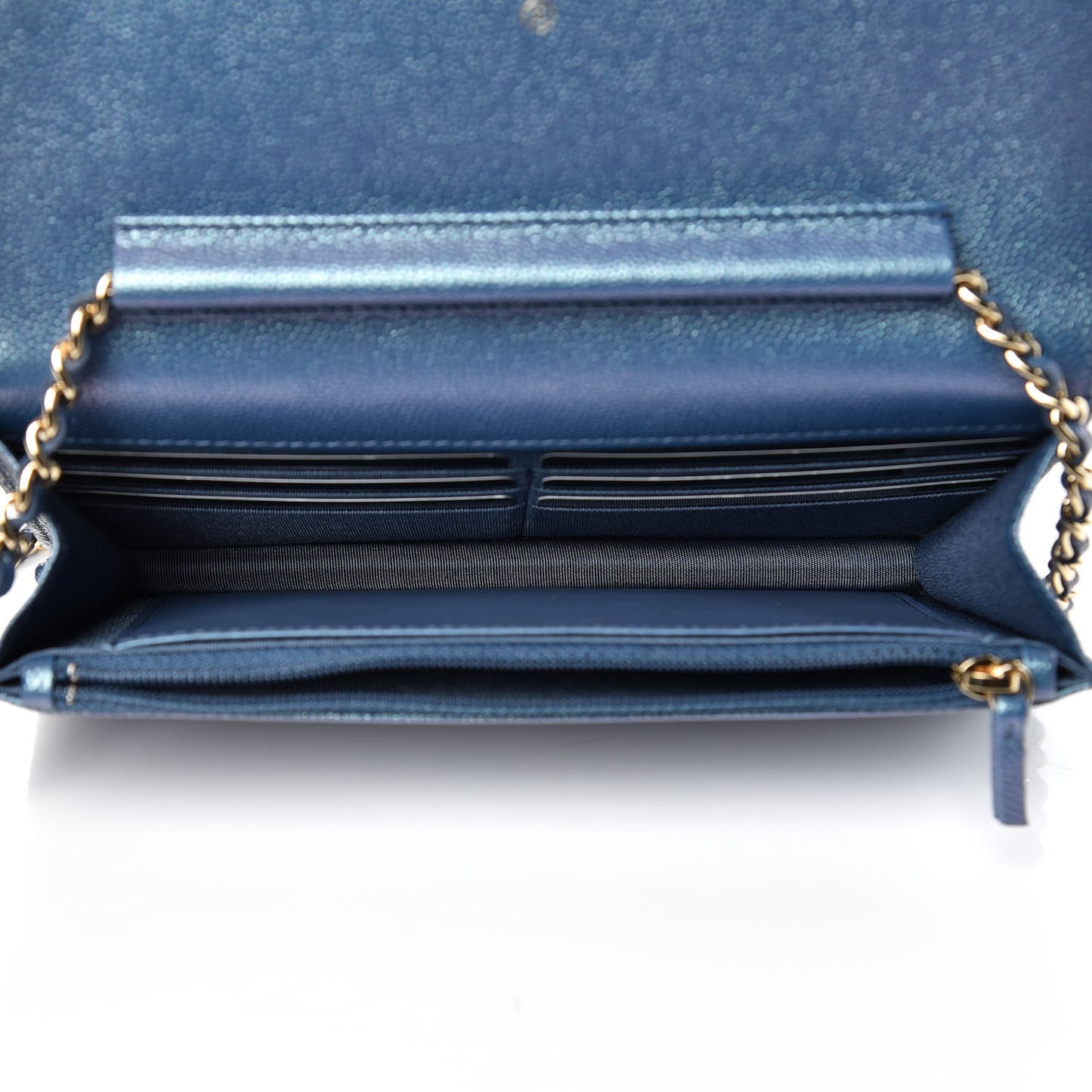 Iridescent Caviar Quilted Wallet On Chain WOC Dark Blue