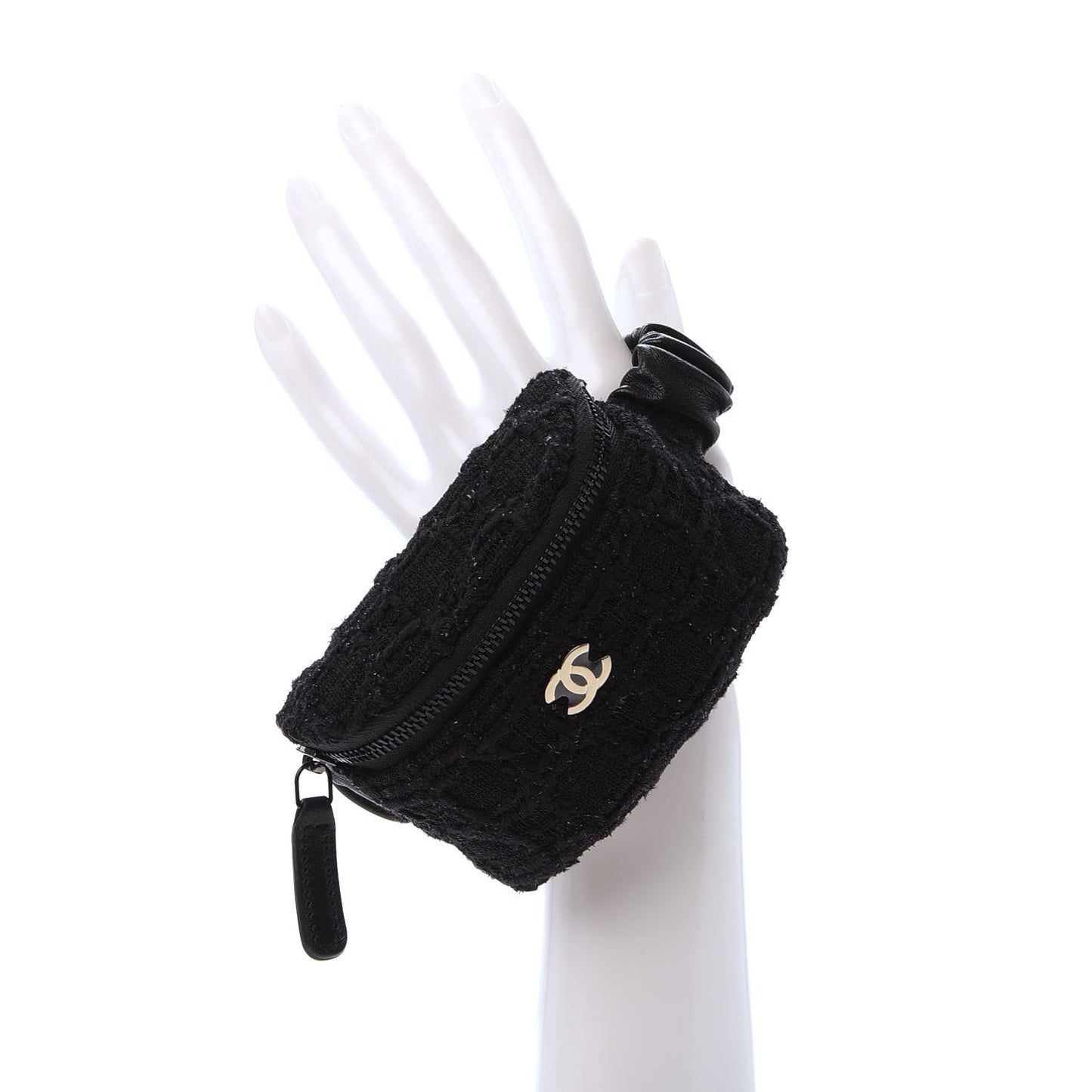 Tweed Lambskin Quilted Arm Coin Purse Black