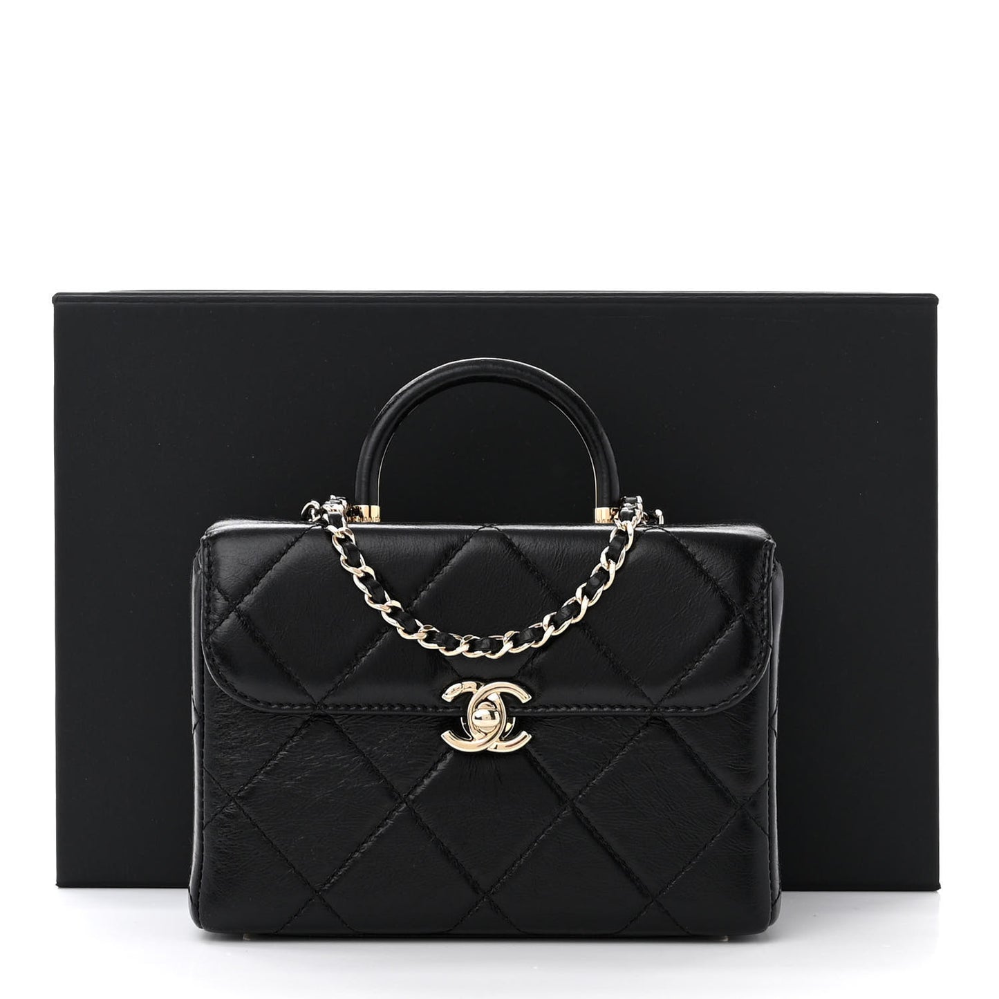 Shiny Calfskin Quilted Small CC Top Handle Box Bag Black