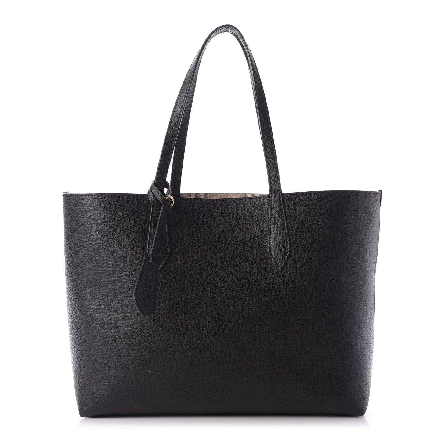 Grainy Calfskin Haymarket Check Medium Reversible Tote Black
