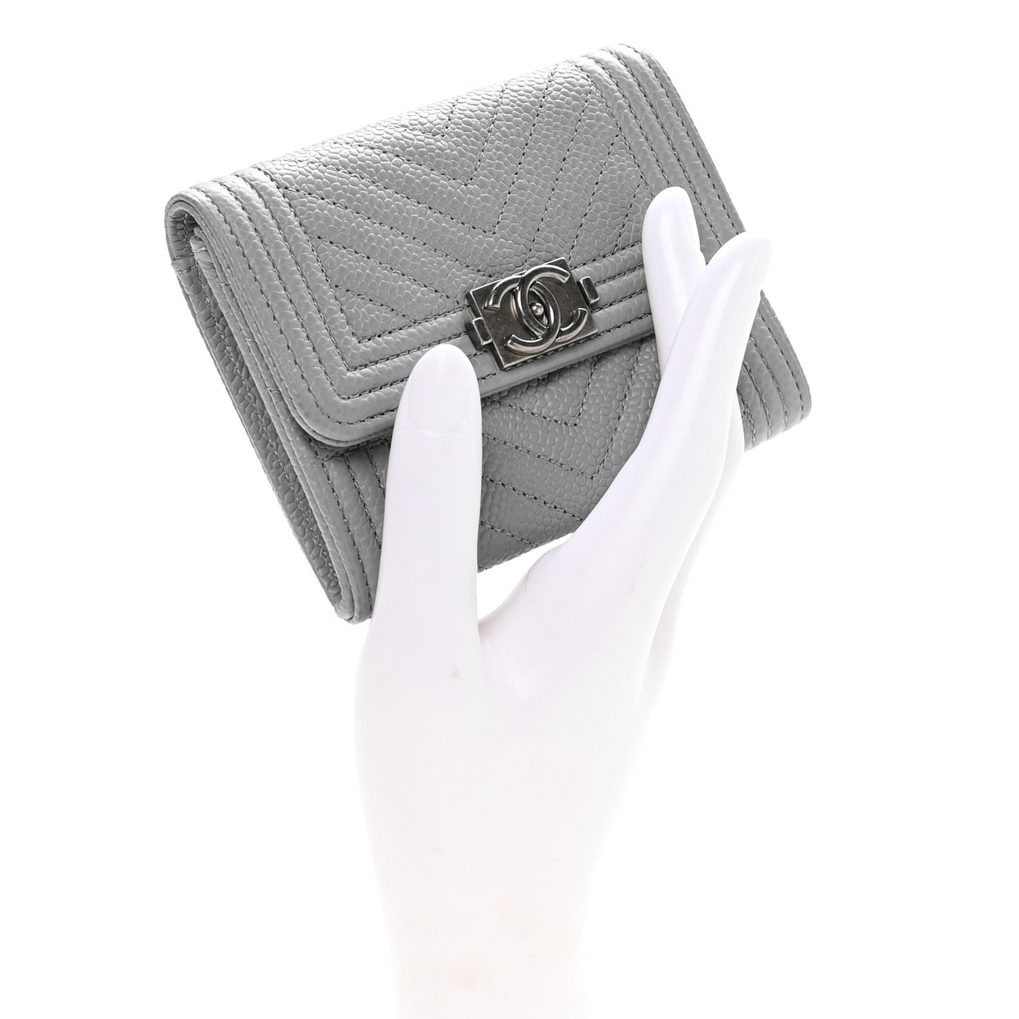 Caviar Chevron Quilted Boy Card Holder Wallet Grey