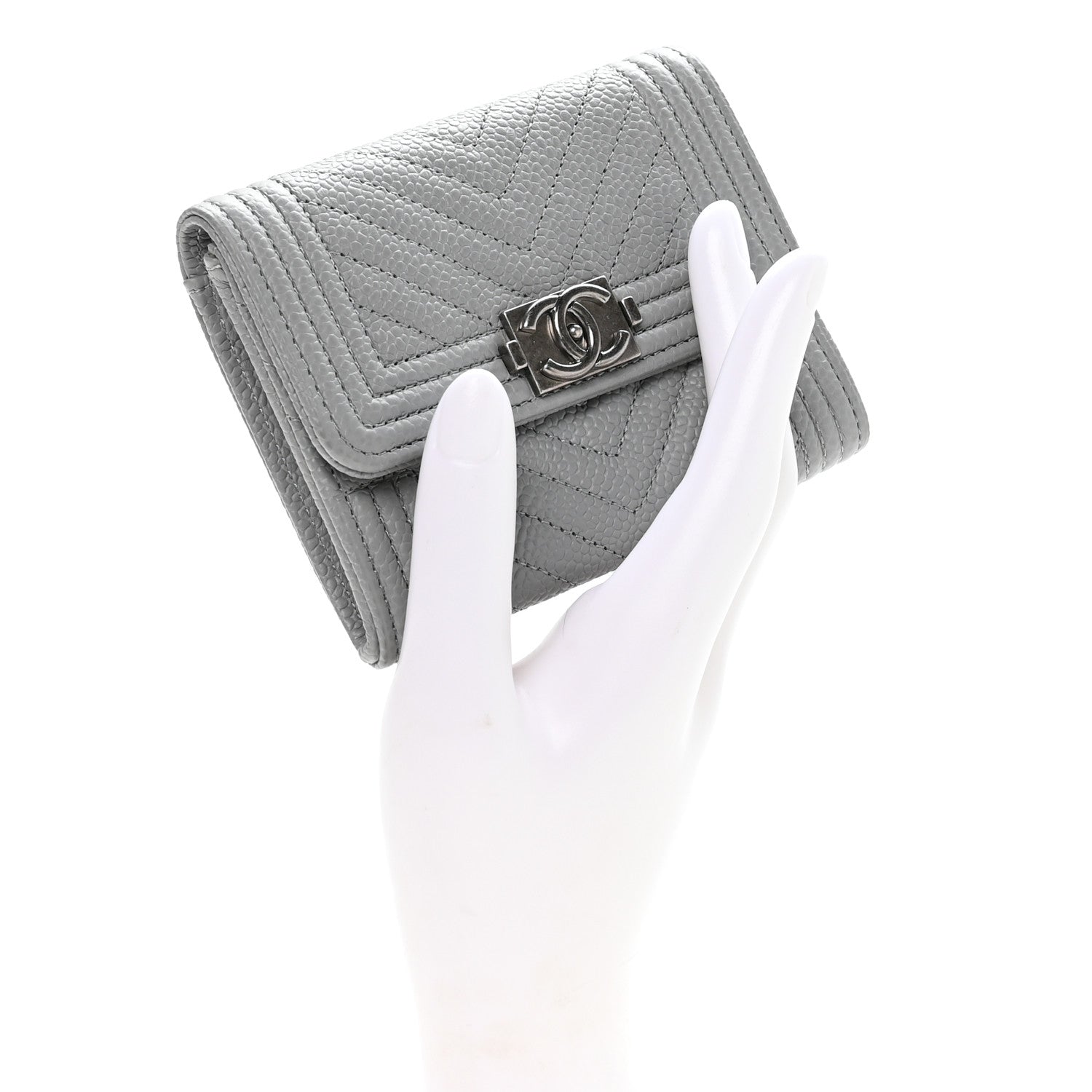 Chanel Caviar Chevron Quilted Boy Card Holder Wallet Grey 2 of 9