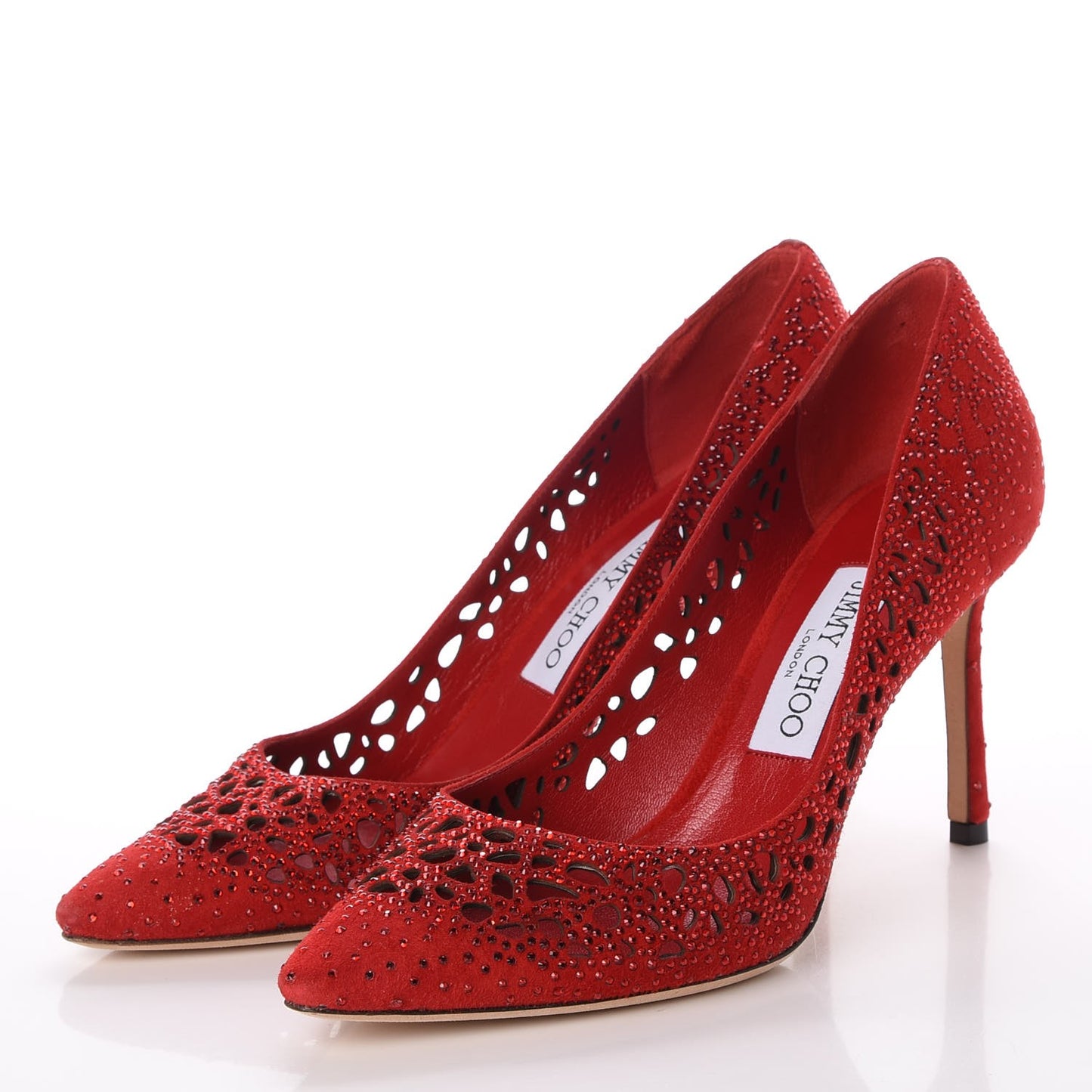 Suede Crystal Perforated Romy 100 Pumps 38 Red