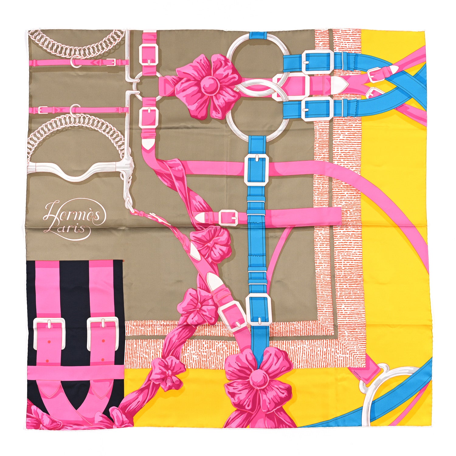 Hermes Silk Grand Manege Detail Scarf 90 Beige Jaune Vif Rose Vif 1 of 3