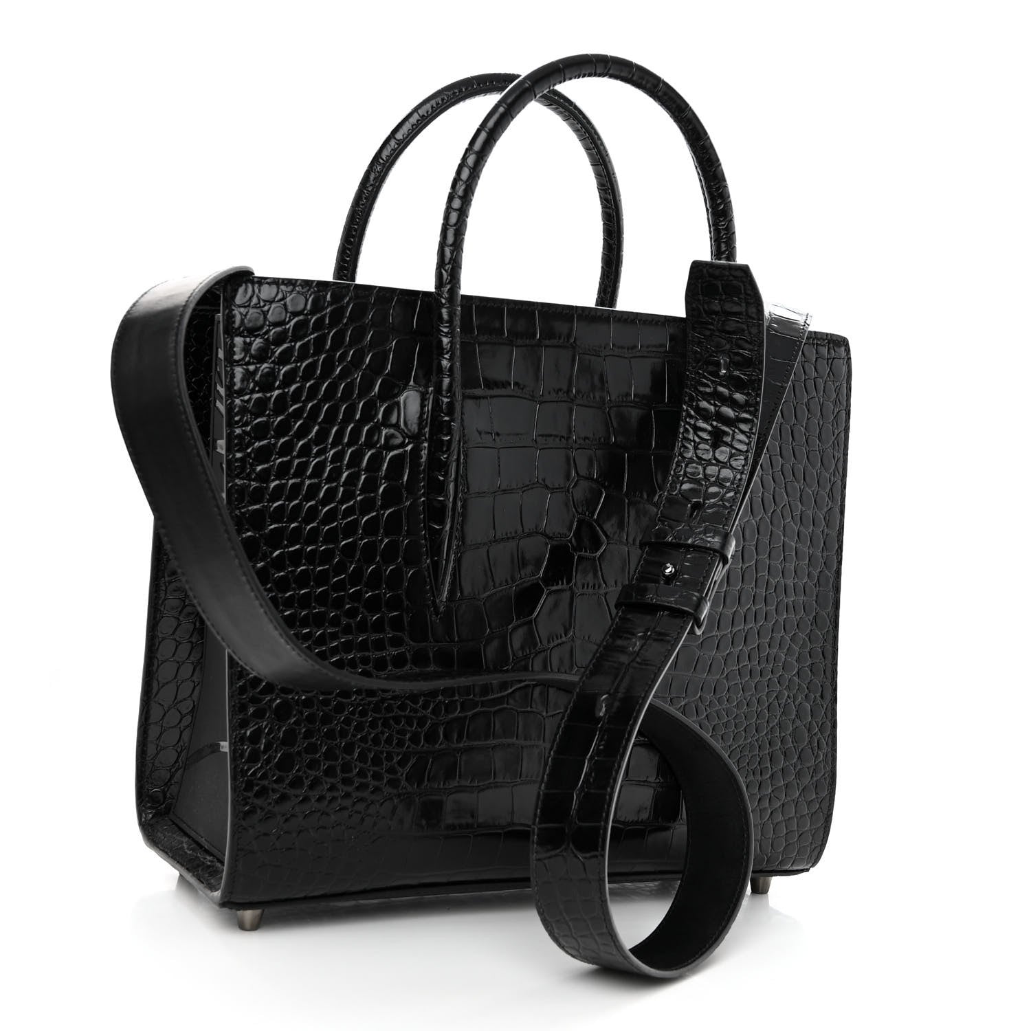 Christian Louboutin Calfskin Crocodile Embossed Studded Medium Paloma S Black 3 of 10