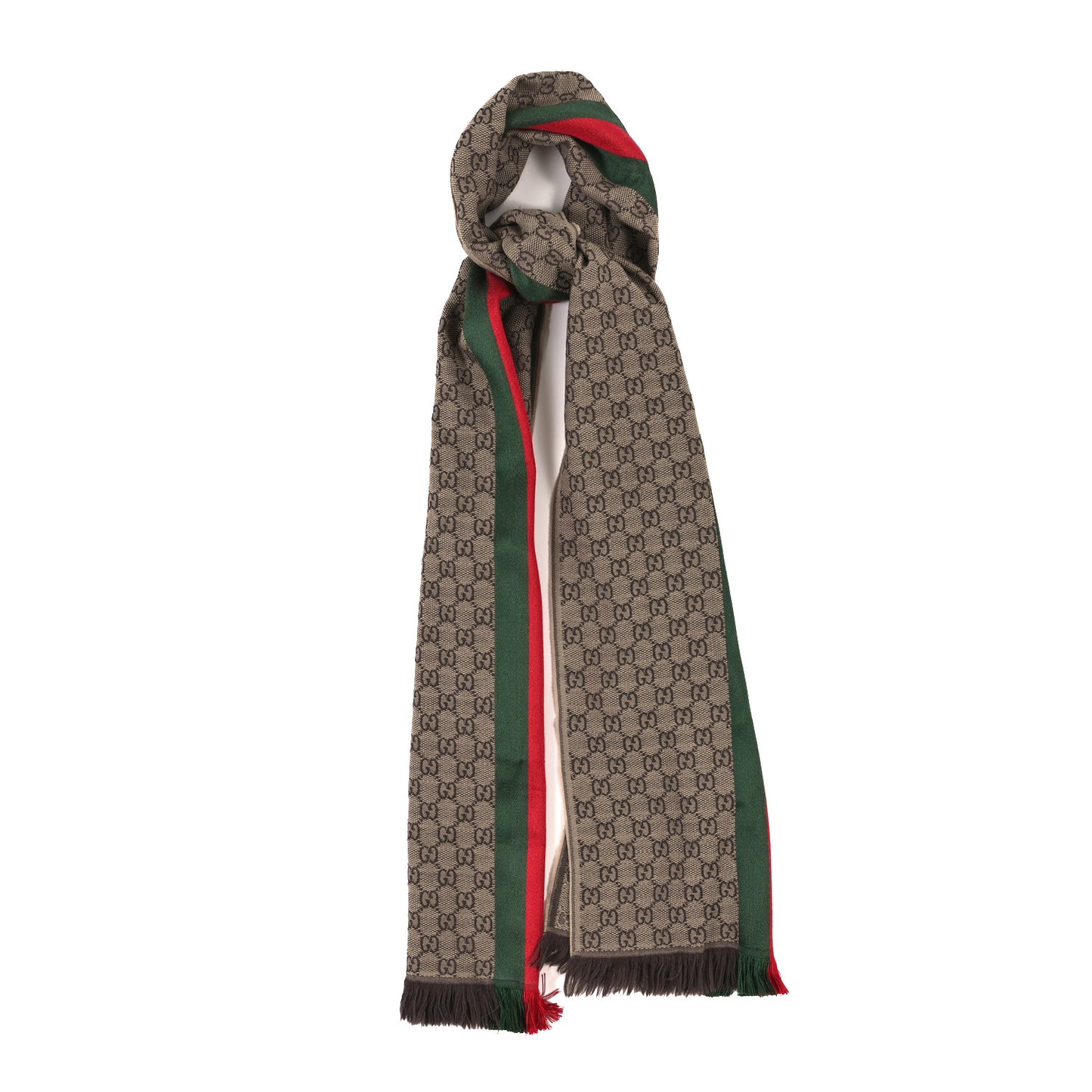 Wool Silk GG Monogram Web Verbier Fringe Scarf Light Brown Dark Green