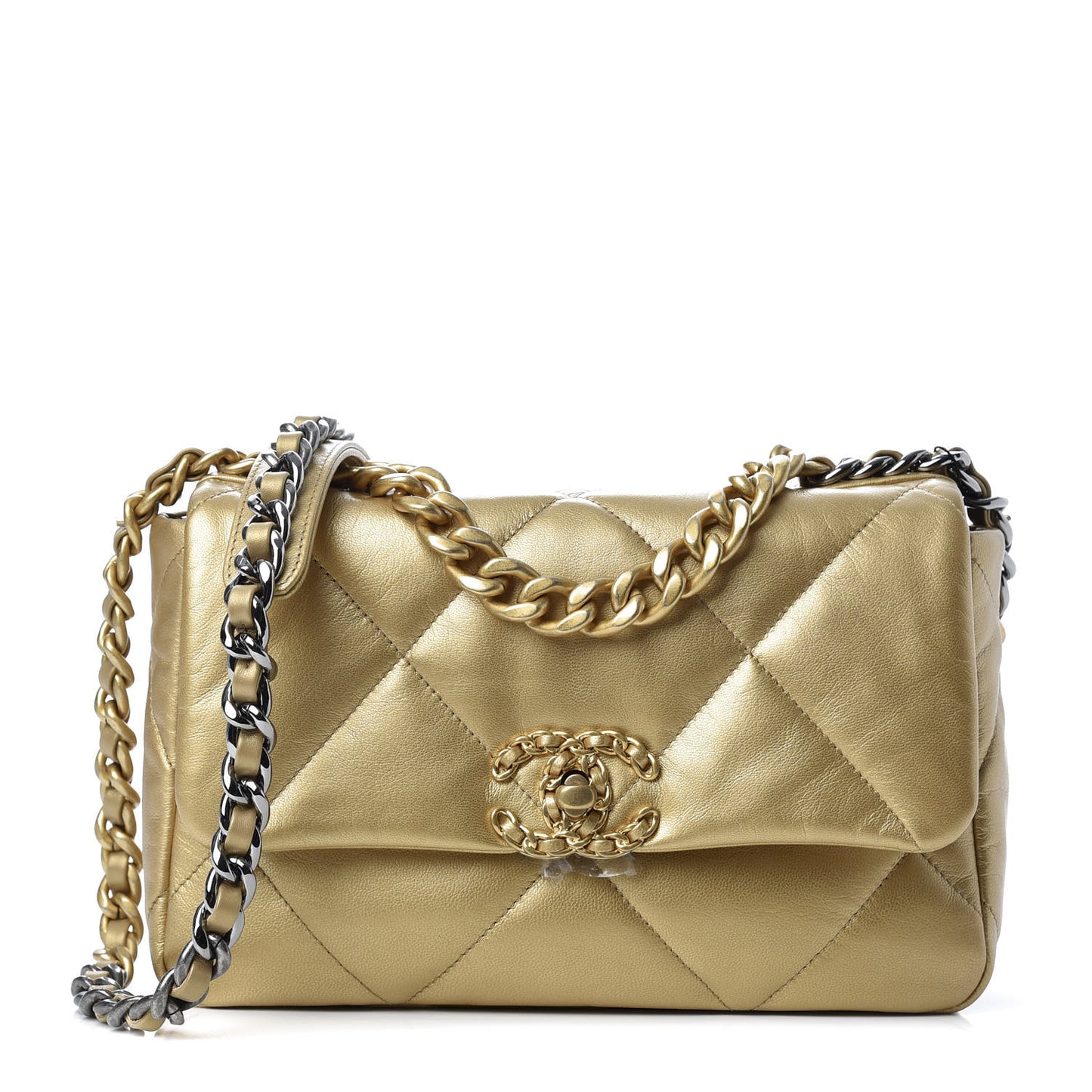 Metallic Goatskin Quilted Medium 19 Flap Gold