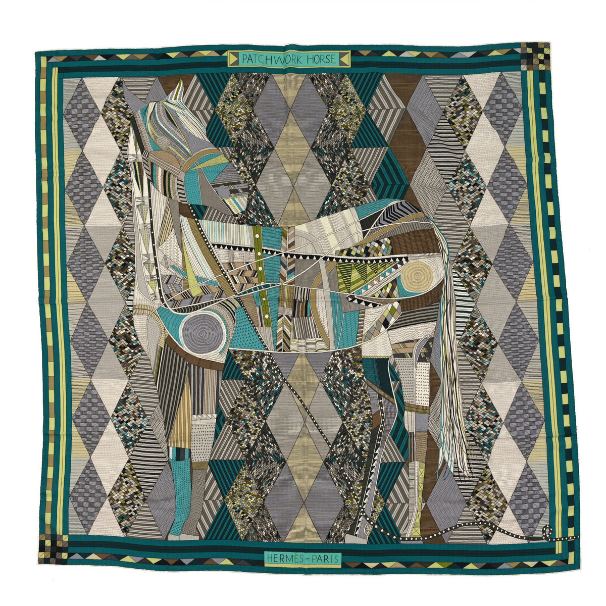 Hermes Cashmere Silk Patchwork Horse Shawl 140 Vert Beige 1 of 3
