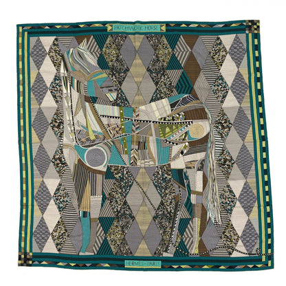 Hermes Cashmere Silk Patchwork Horse Shawl 140 Vert Beige 1 of 3