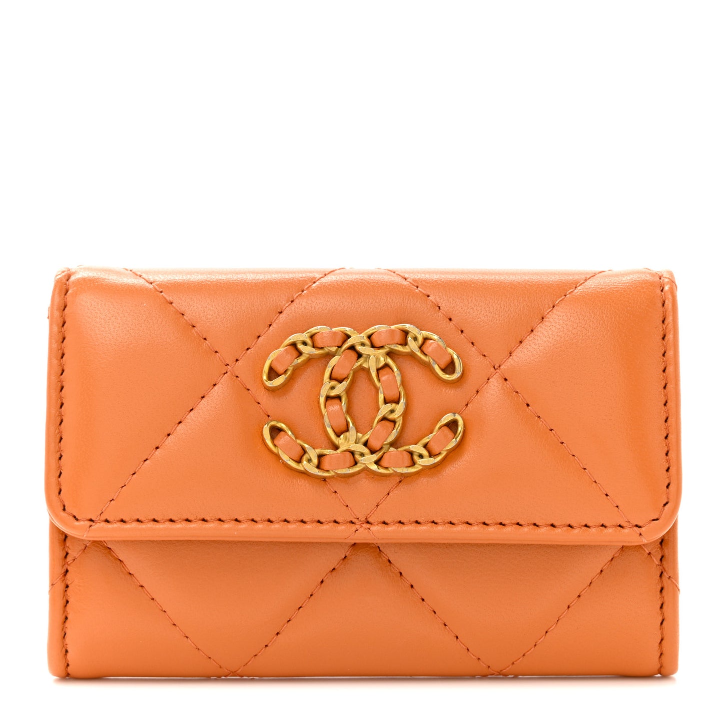 Lambskin Quilted Chanel 19 Flap Card Holder Orange