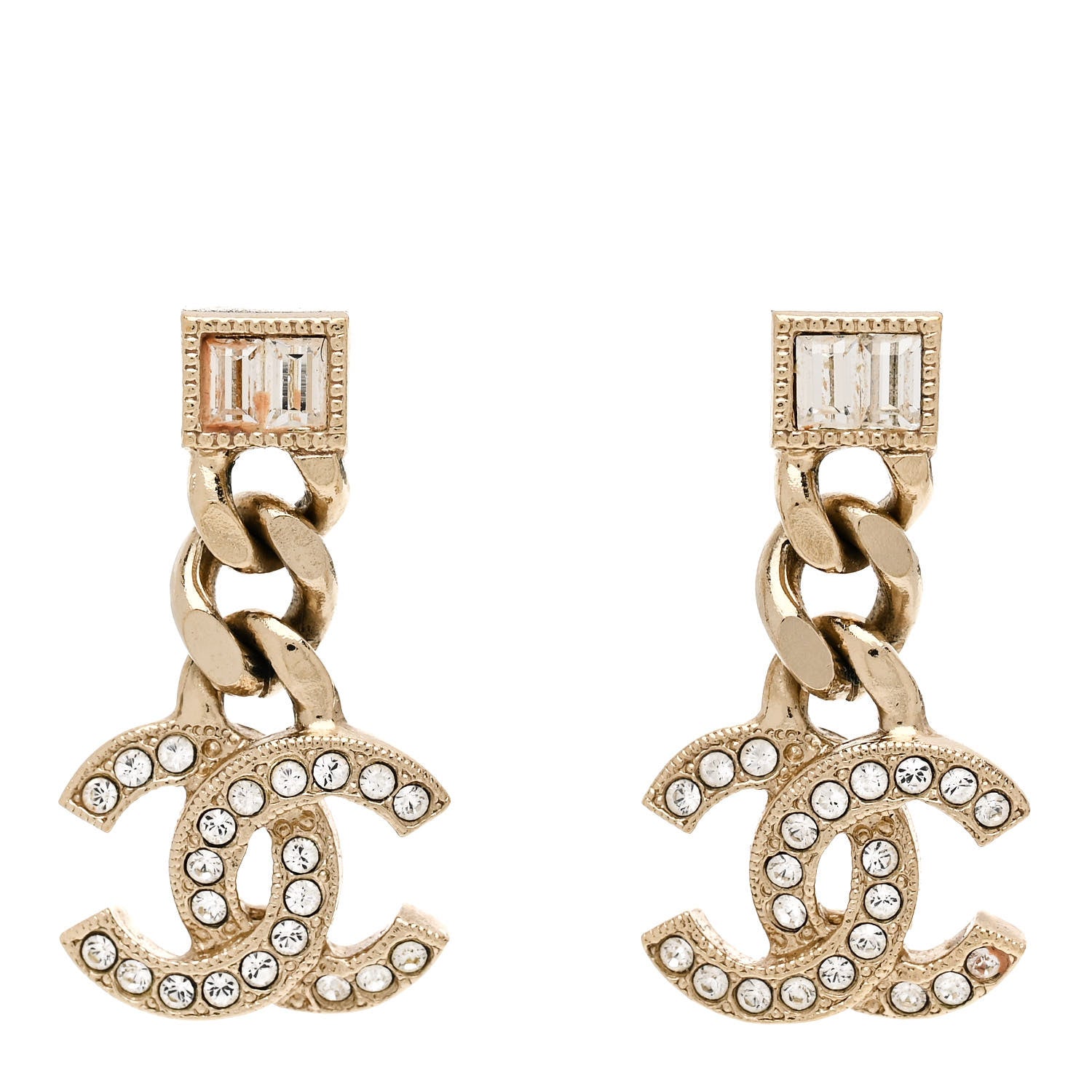 Chanel Metal Crystal Baguette CC Chain Drop Earrings Gold 1 of 6