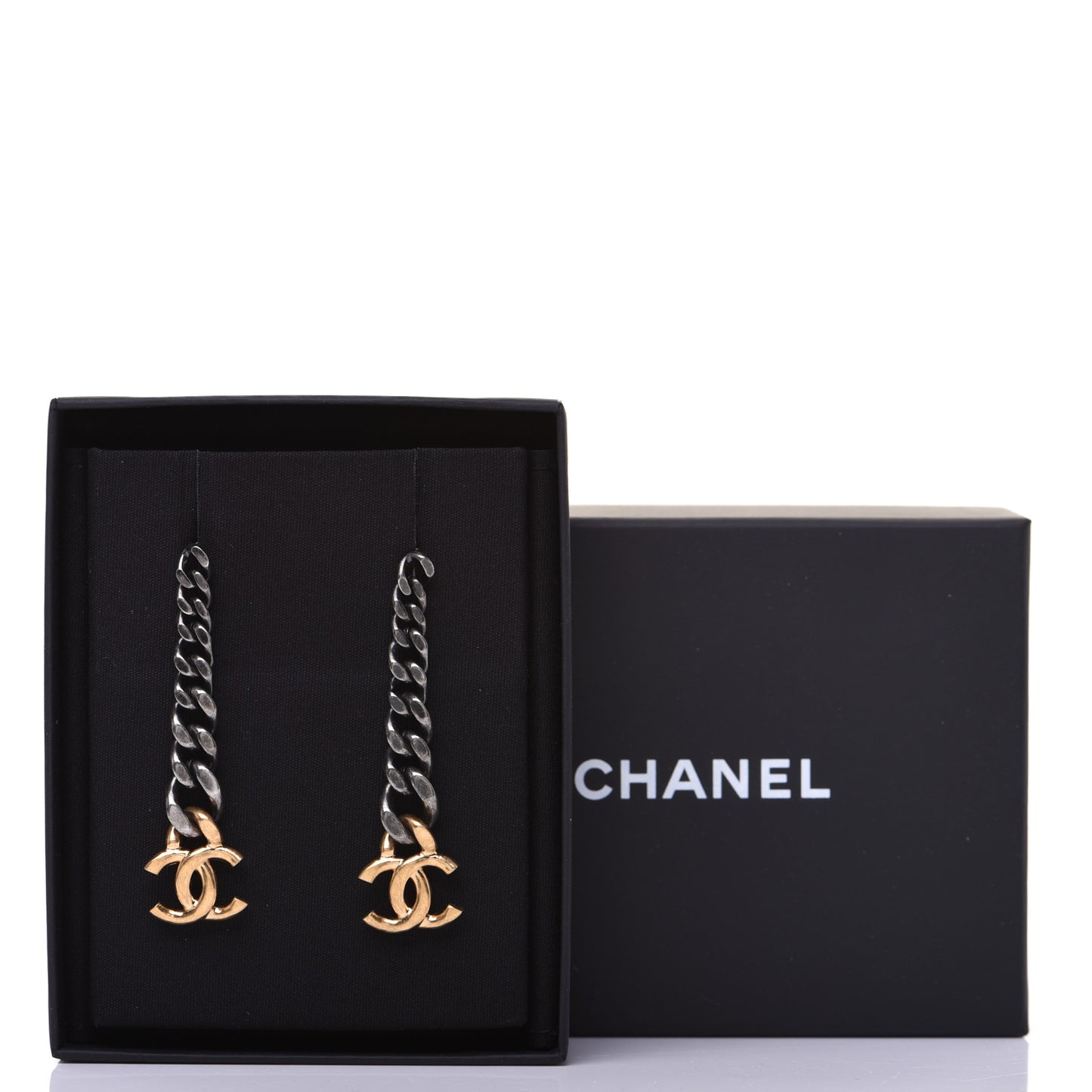 Metal CC Drop Earrings Ruthenium Gold