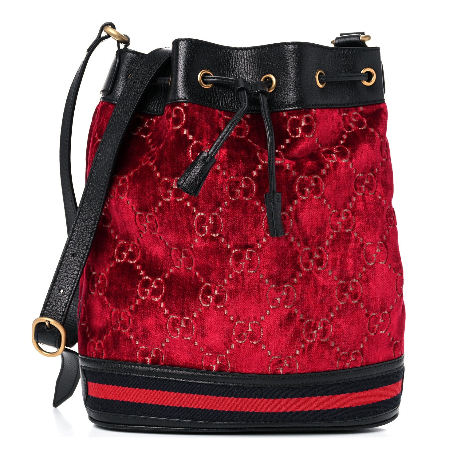 Gucci Velvet GG Monogram Textured Calfskin Web Bucket Bag Red Cipria Black 1 of 11
