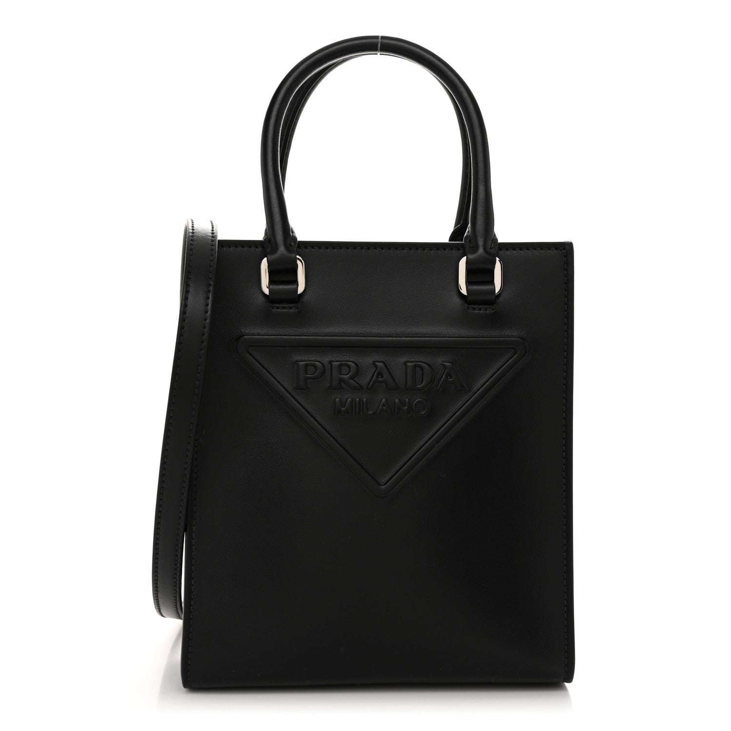 Prada Soft Calfskin Triangle Logo Embossed Small Double Handle Crossbody Tote Black 1 of 10