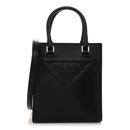 Prada Soft Calfskin Triangle Logo Embossed Small Double Handle Crossbody Tote Black 1 of 10