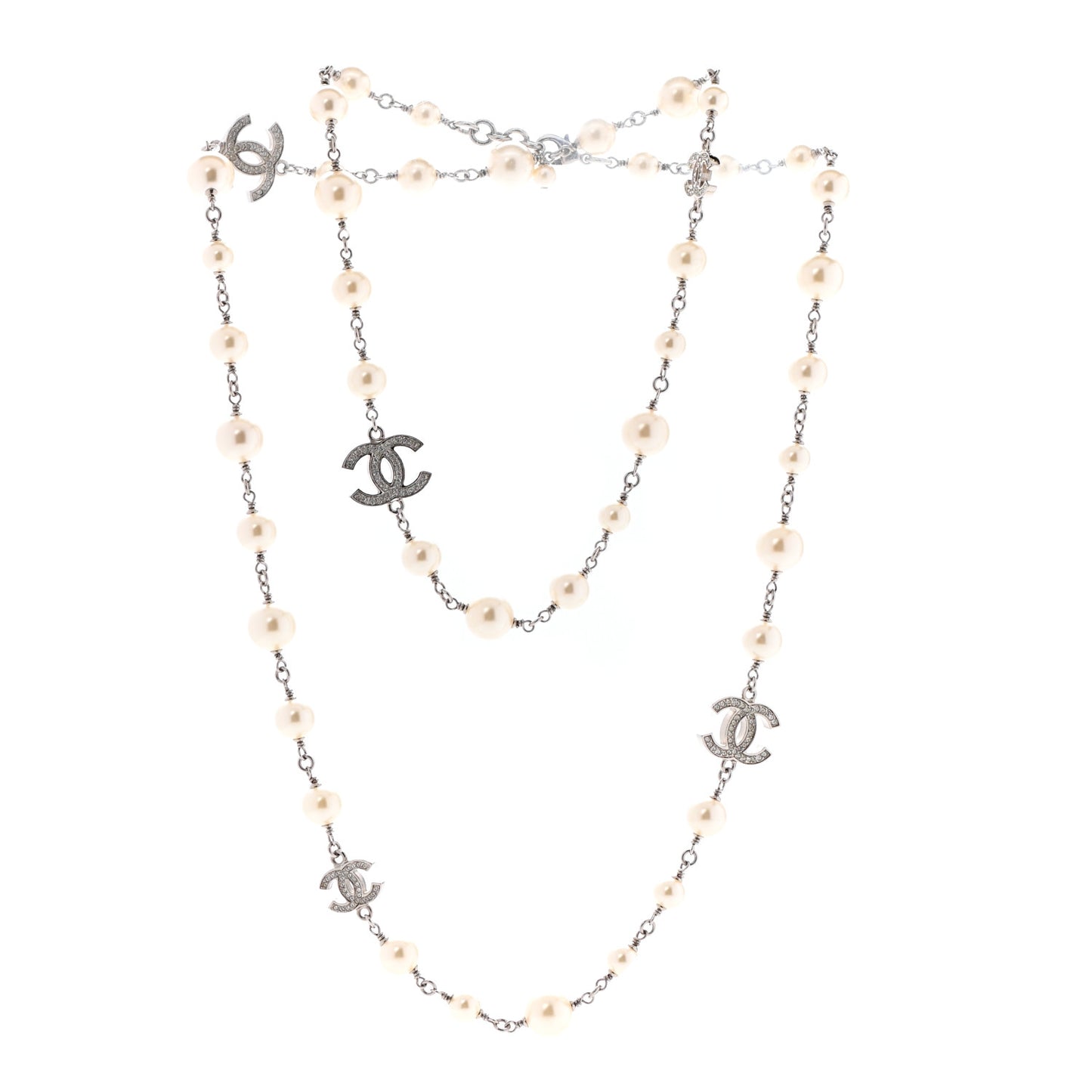 Crystal Pearl CC Long Necklace Silver