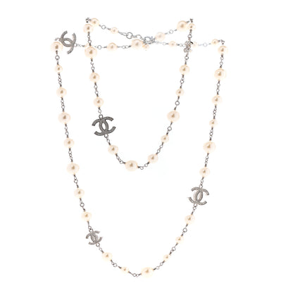 Chanel Crystal Pearl CC Long Necklace Silver 3 of 5