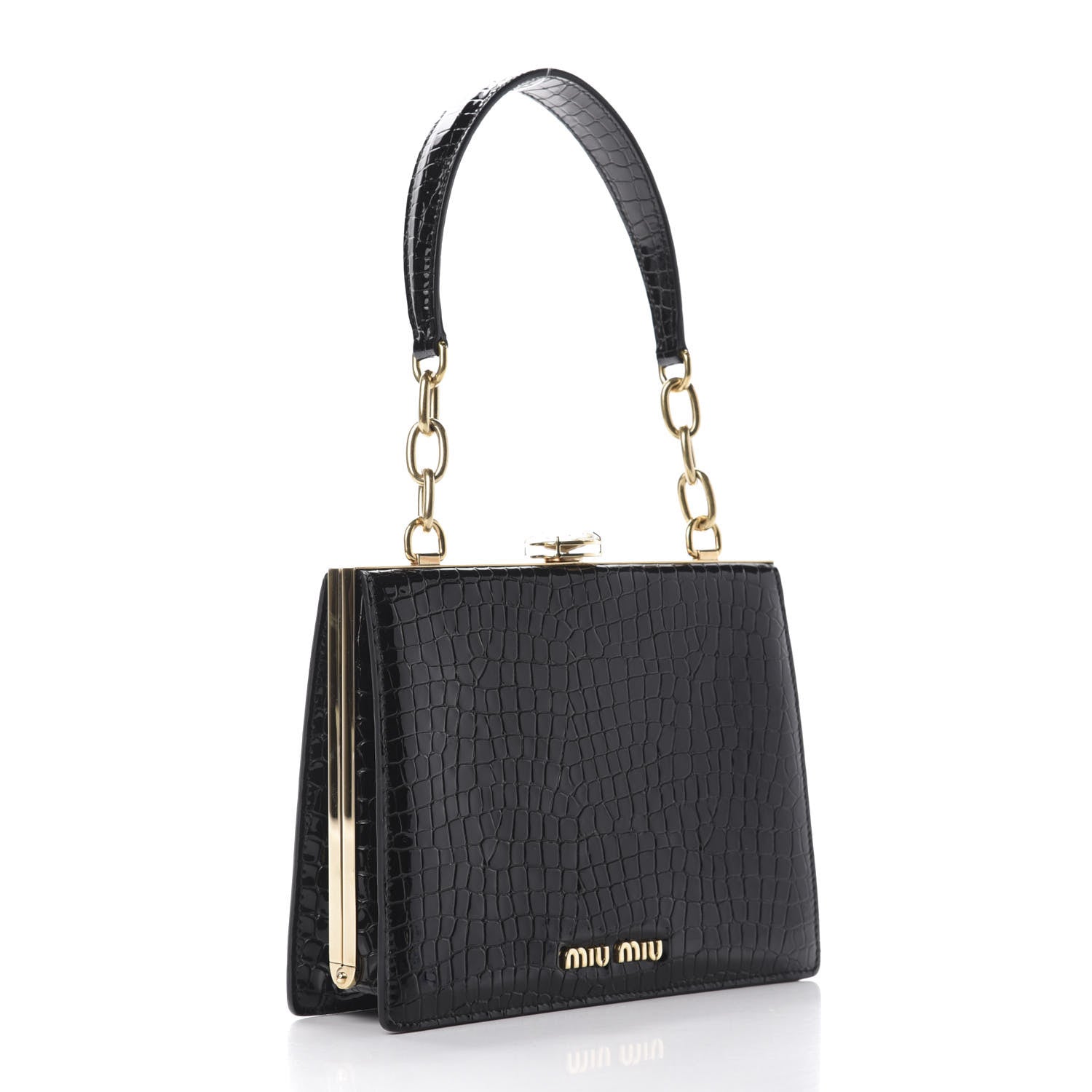 Miu Miu Calfskin Crocodile Embossed Crystal Embellished Solitaire Bag Black 3 of 11