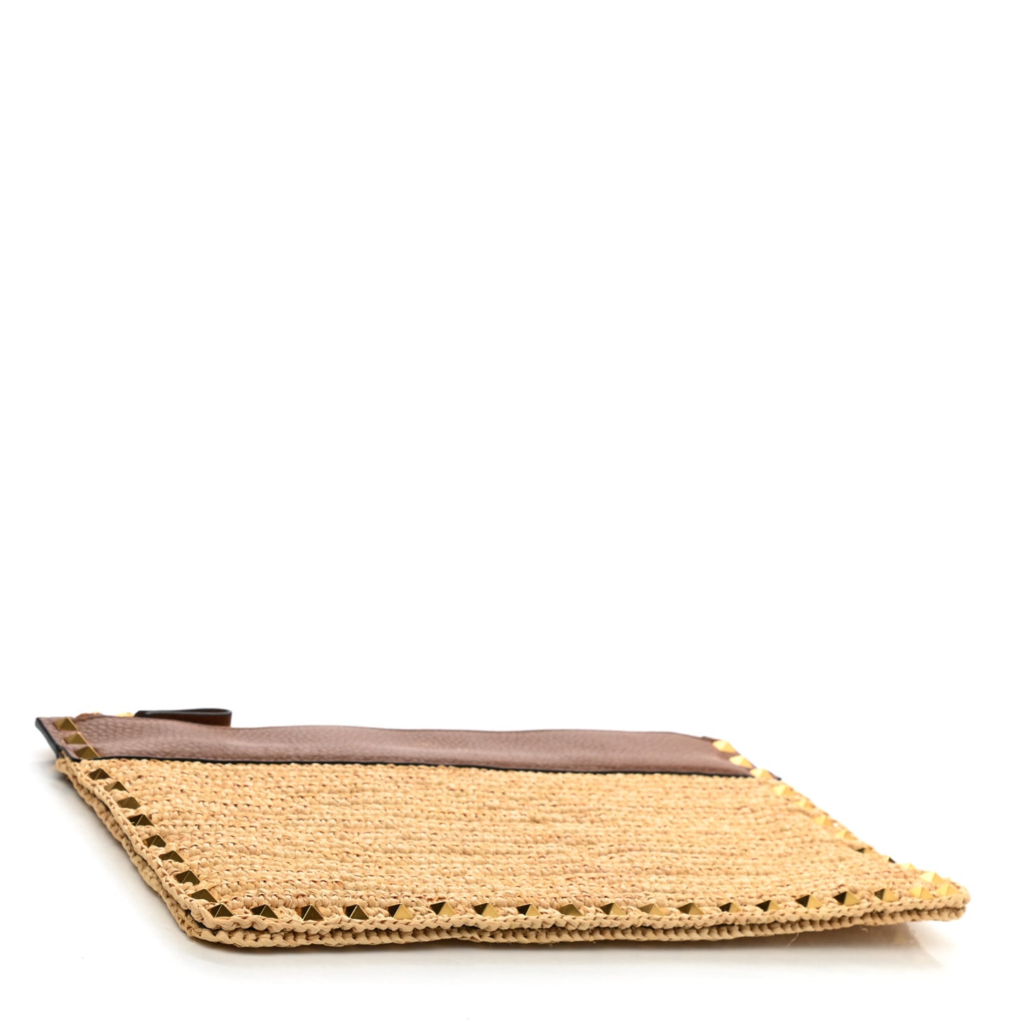 Raffia Calfskin Large Rockstud Zip Pouch Naturale Saddle Brown