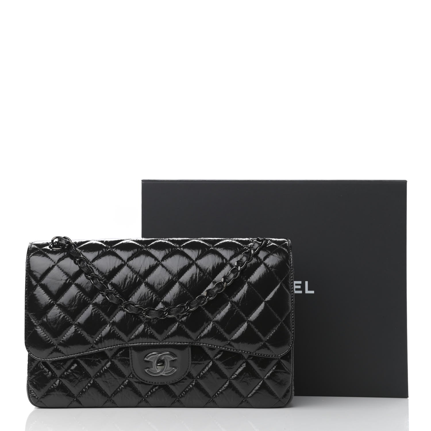 Chanel Shiny Distressed Calfskin Quilted Jumbo Double Flap So Black 11 of 11