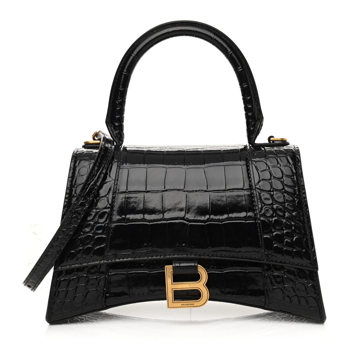 Shiny Calfskin Crocodile Embossed Small Hourglass Top Handle Bag Black