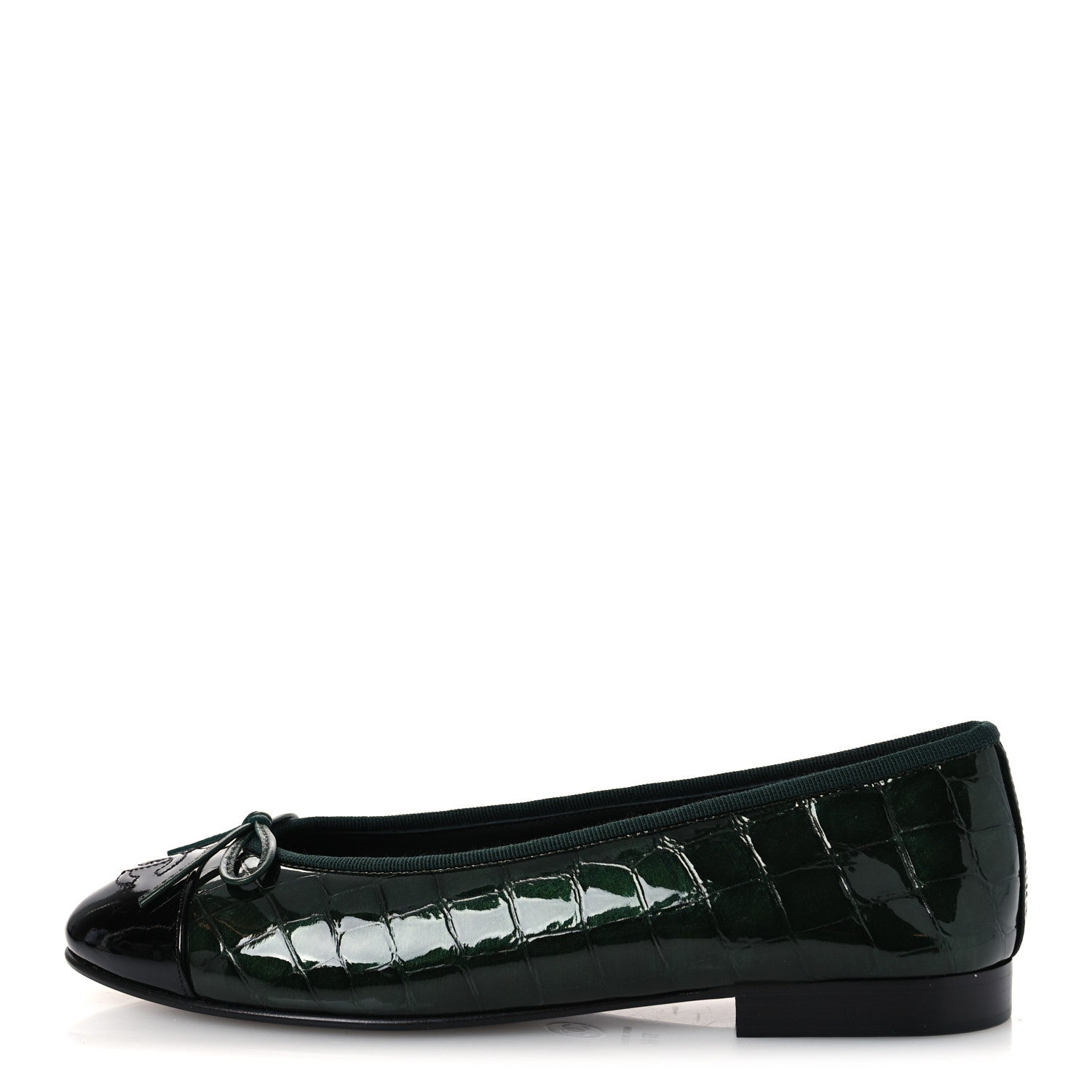 Chanel Crocodile Embossed Patent Calfskin Cap Toe CC Ballerina Flats 37.5 Dark Green Black 1 of 11