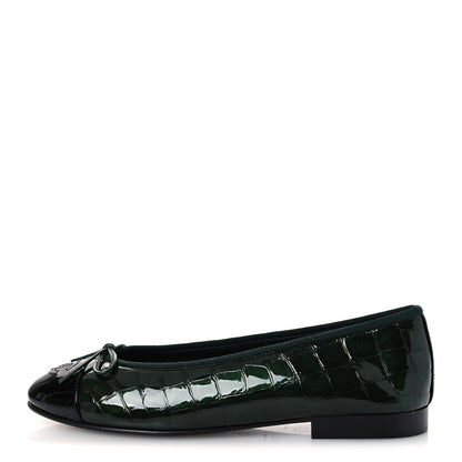 Chanel Crocodile Embossed Patent Calfskin Cap Toe CC Ballerina Flats 37.5 Dark Green Black 1 of 11