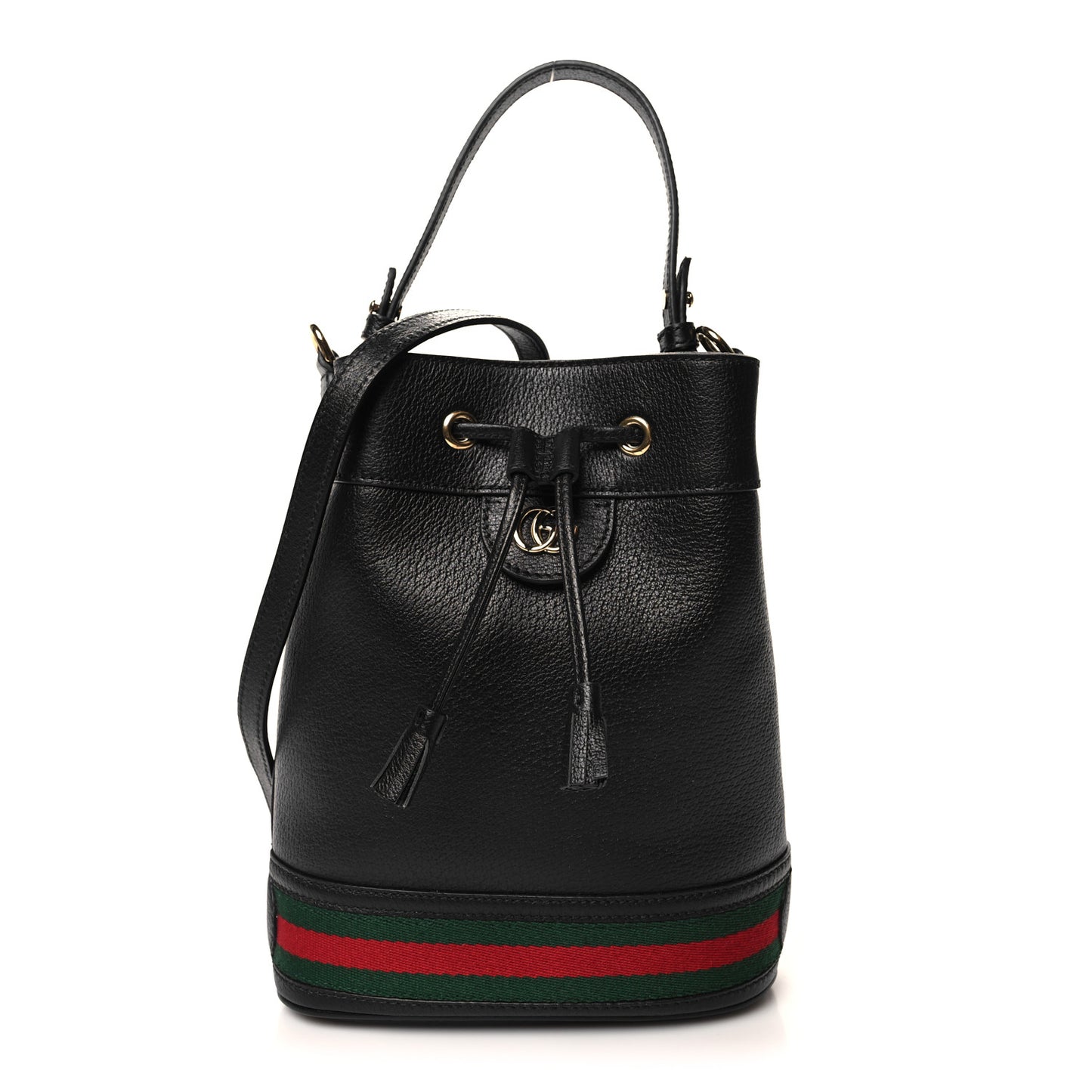 Glazed Textured Calfskin Web Small Ophidia Bucket Bag Black