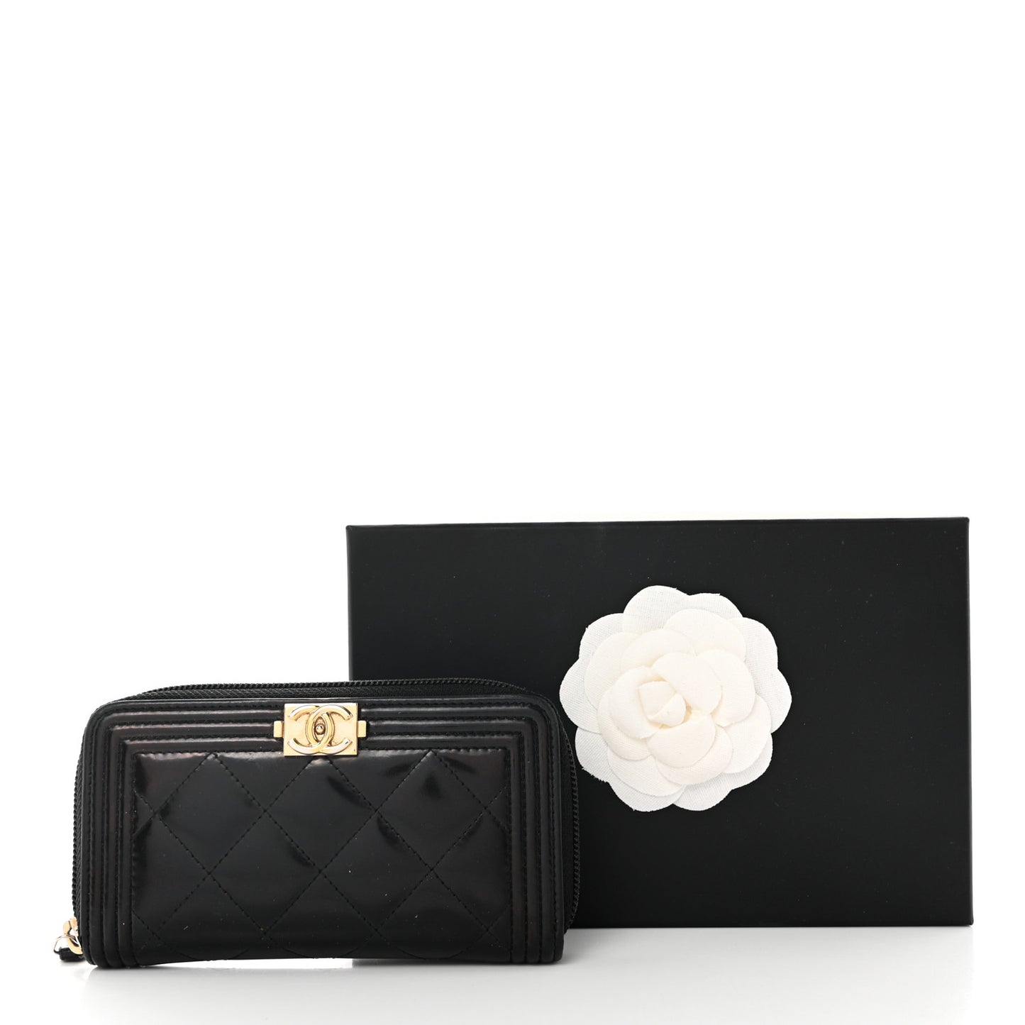 Iridescent Glazed Calfskin Quilted Small Boy Zip Around Wallet Black