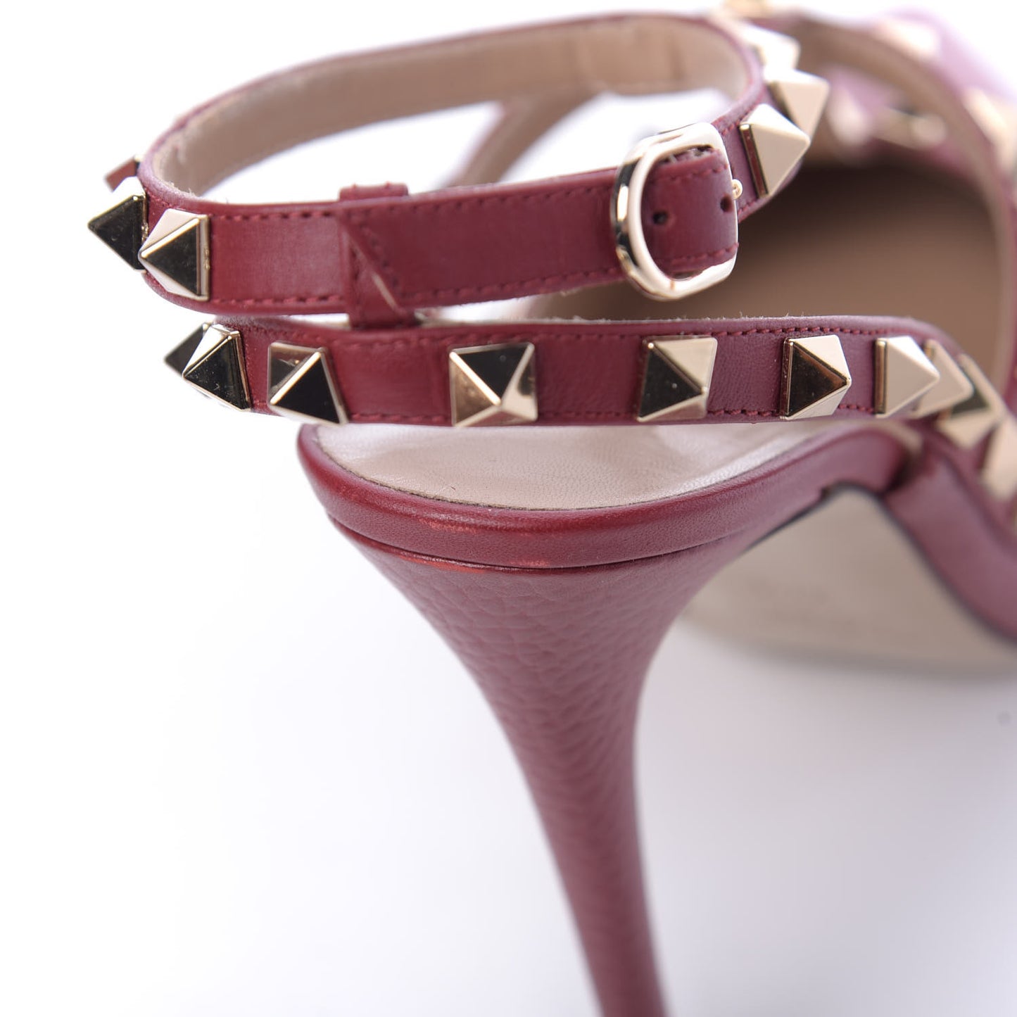 Pebbled Calfskin Rockstud Ankle Strap Pumps 37.5 Rubino