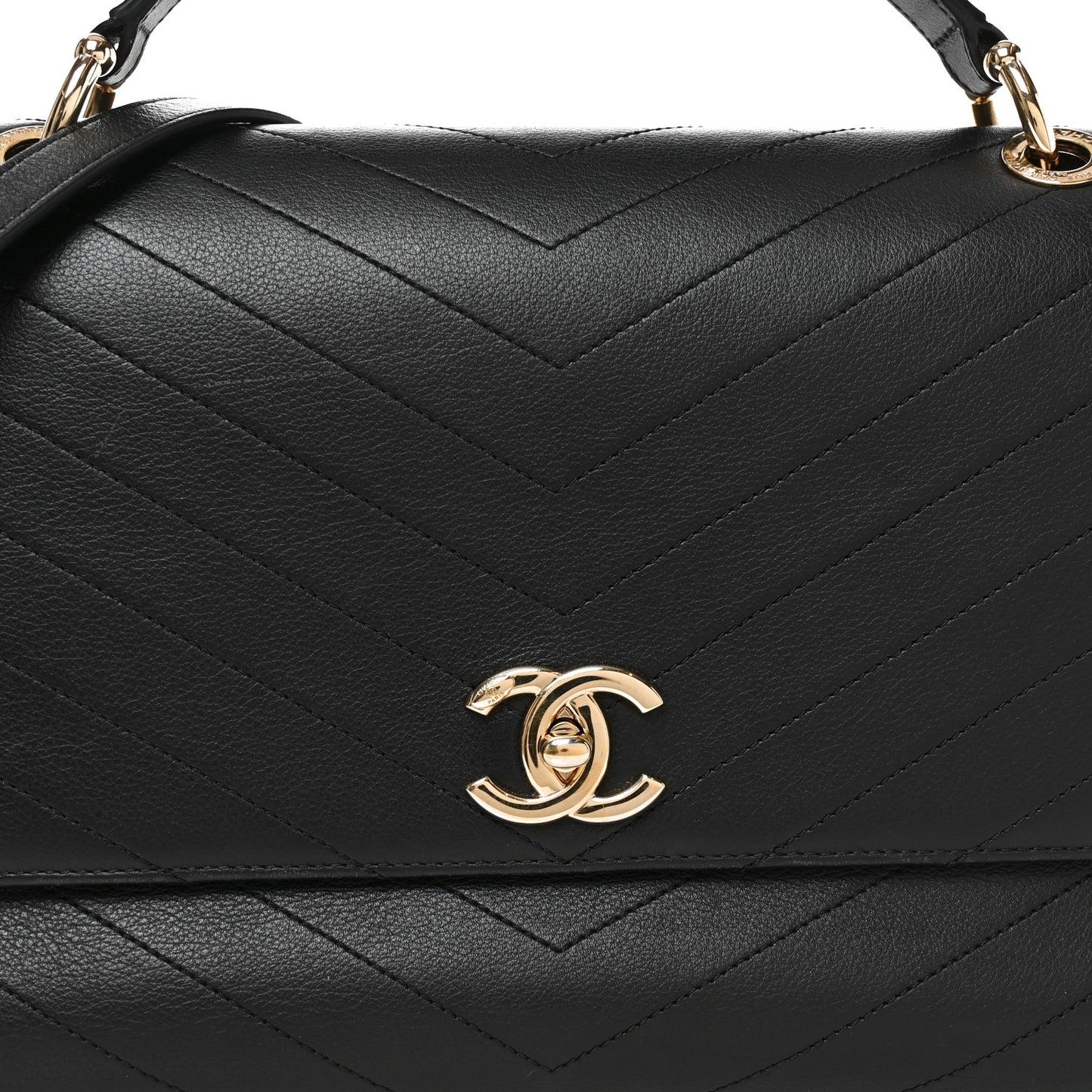 Grained Calfskin Chevron Stitched Medium Chic Top Handle Flap Black