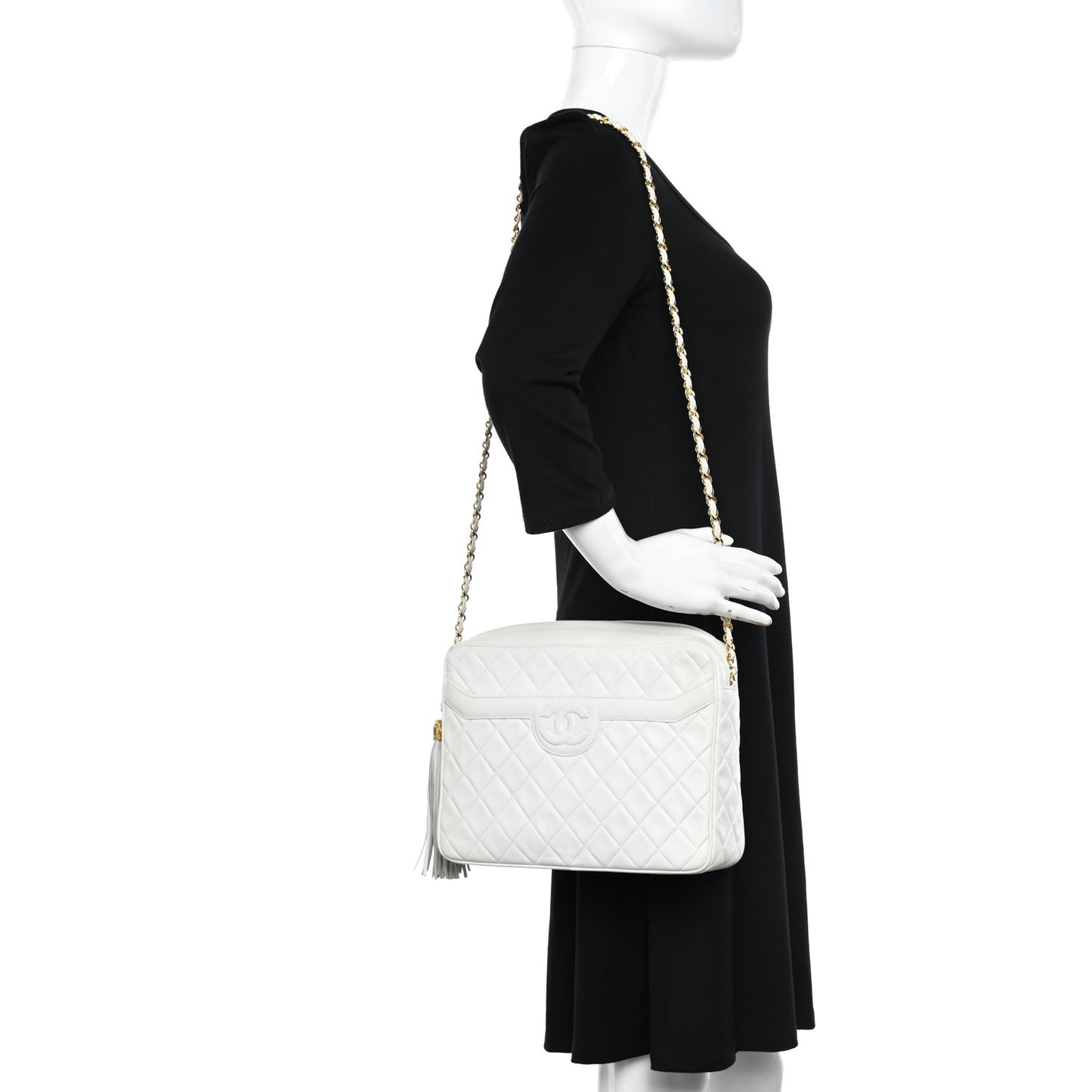 Lambskin Quilted Tassel Camera Case White