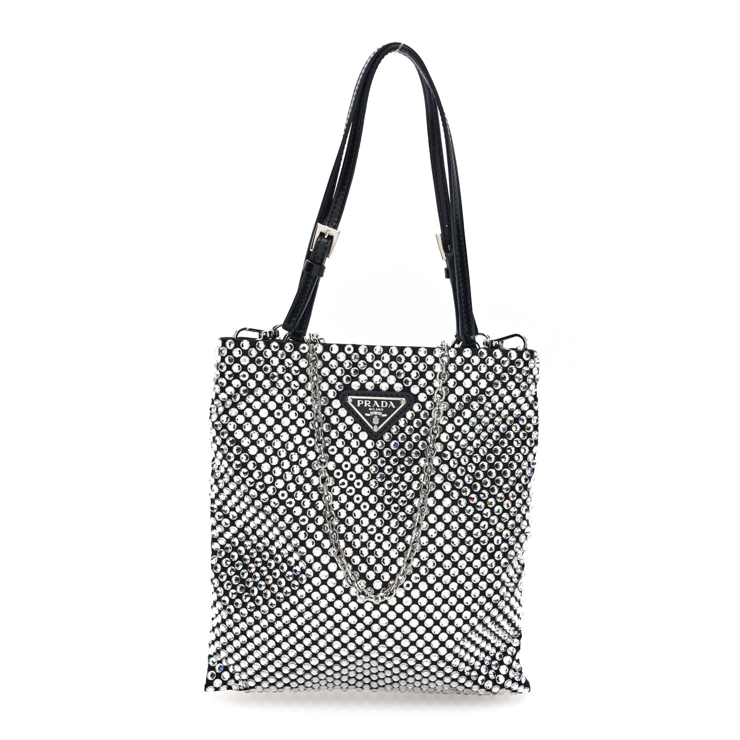 Prada Satin Crystal Metal Triangle Logo Chain Crossbody Handbag Cristal 1 of 9
