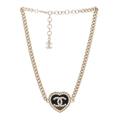 Chanel Resin Crystal Glitter CC Heart Choker Necklace Black Gold 3 of 7