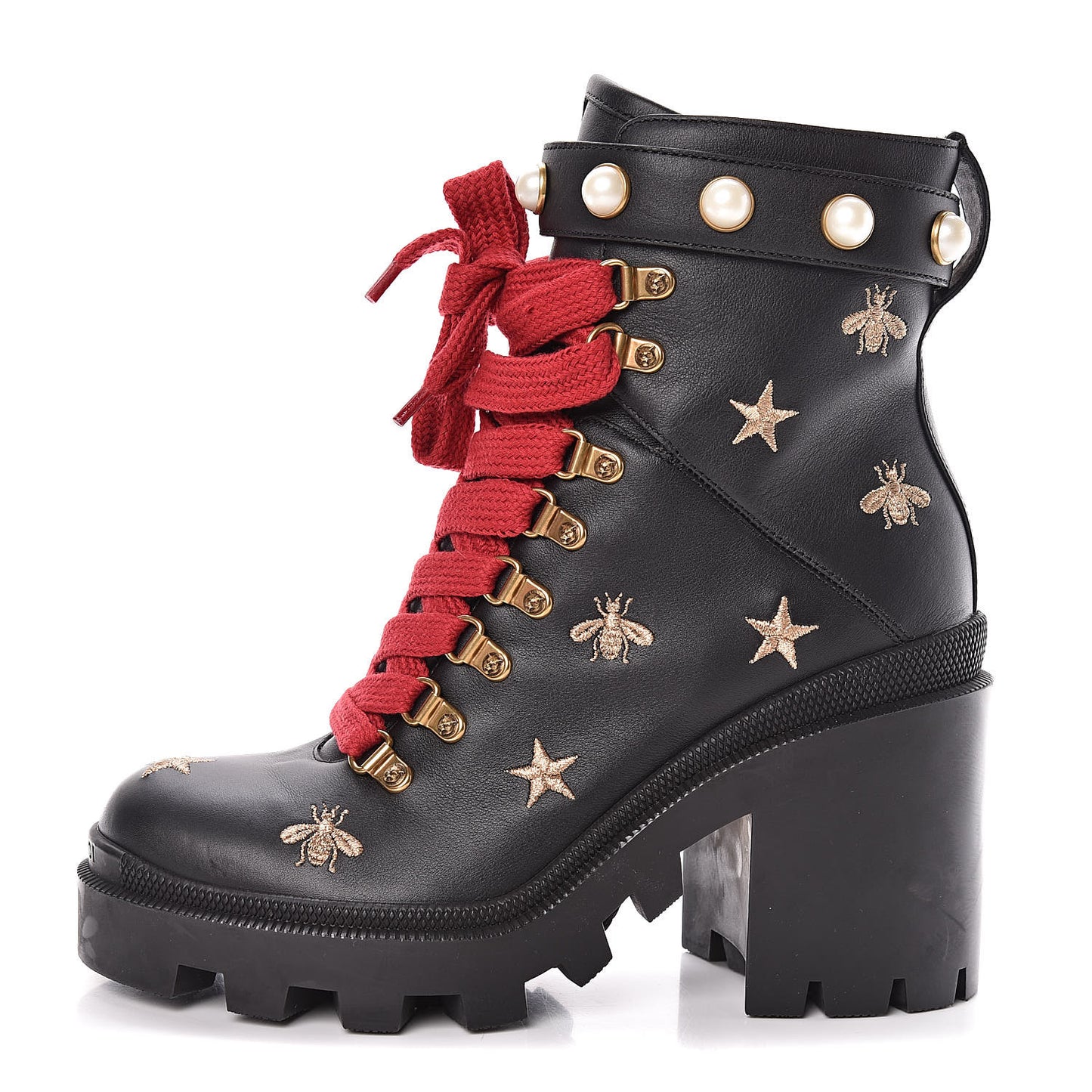 Calfskin Embroidered Lace Up Combat Ankle Boots 38.5 Black