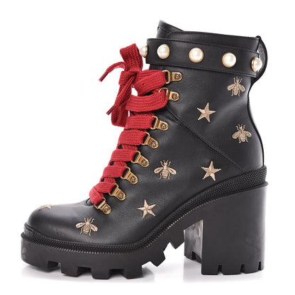 Gucci Calfskin Embroidered Lace Up Combat Ankle Boots 38.5 Black 1 of 10