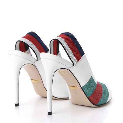 Gucci Calfskin Glitter Web High Heel Slingback Pumps 38 White 4 of 9