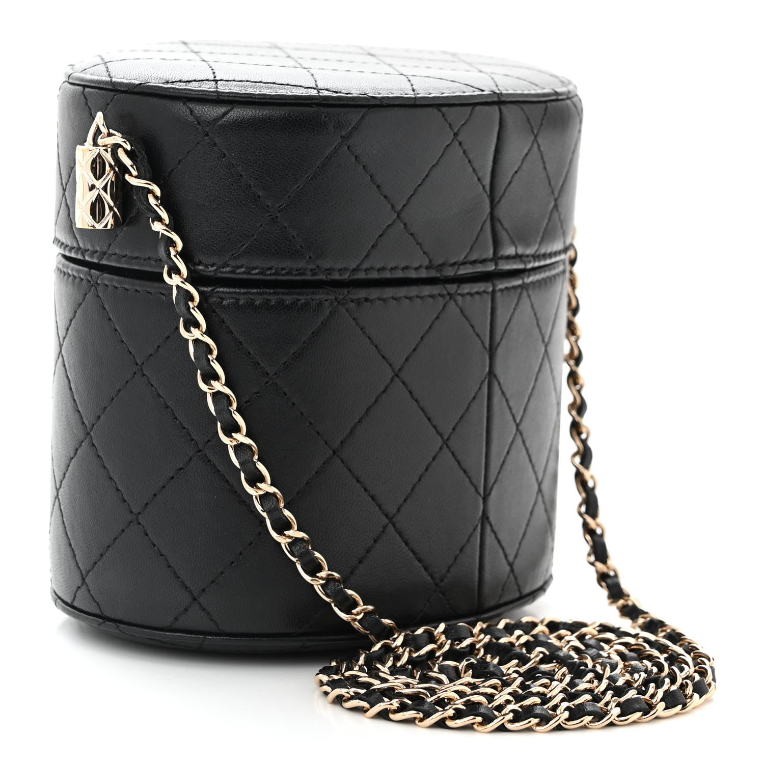 Chanel Lambskin Quilted Round Vanity Case With Chain Black 1541527