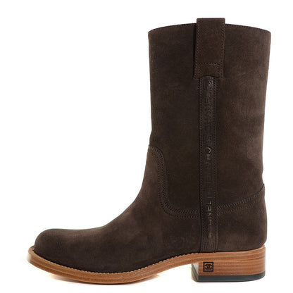 Chanel Suede Logo Boots 37.5 Brown 1 of 8