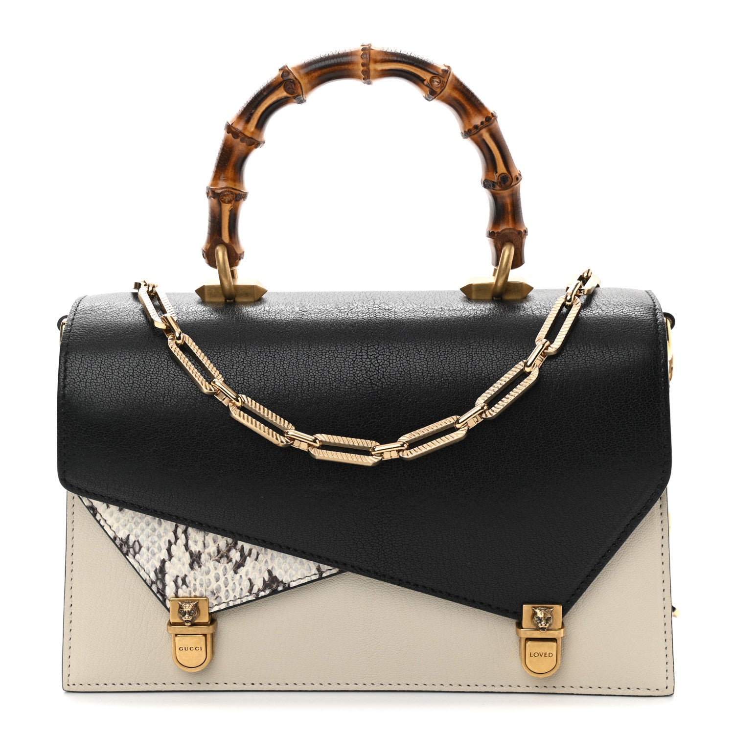 Gucci Calfskin Snakeskin Small Ottilia Top Handle Bag Black White 1 of 10