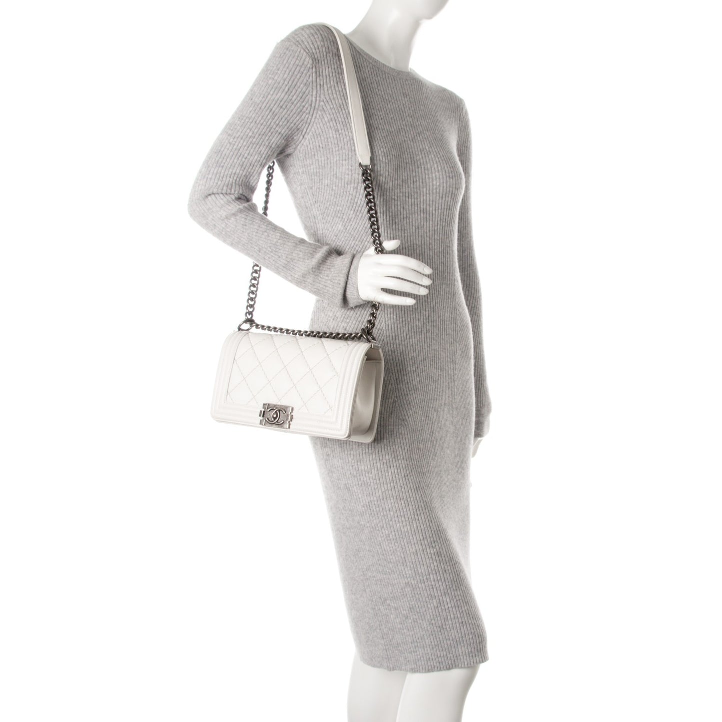 Calfskin Stitched Medium Boy Flap White