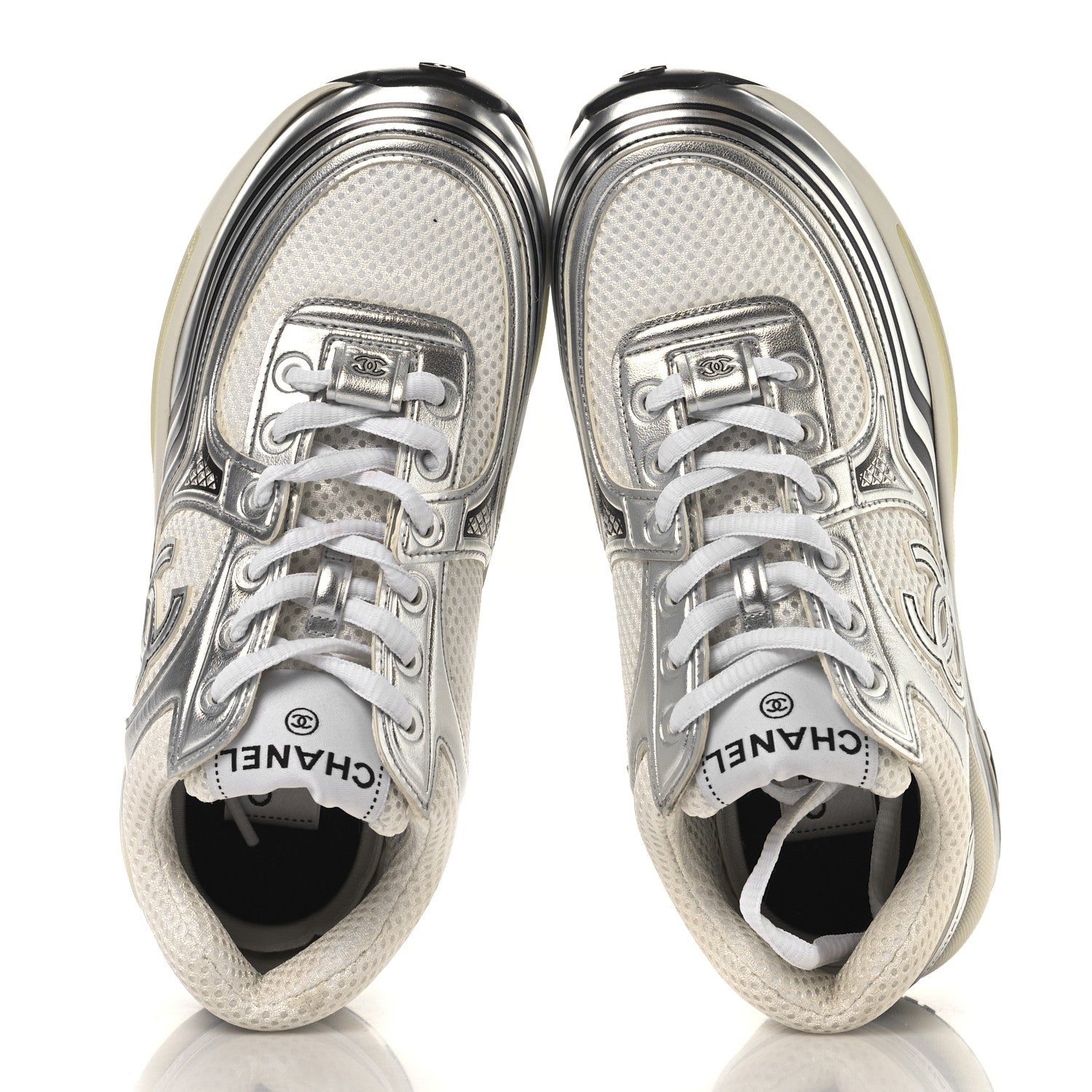 Chanel Fabric Laminated Calfskin Stretch CC Sneakers 35 White