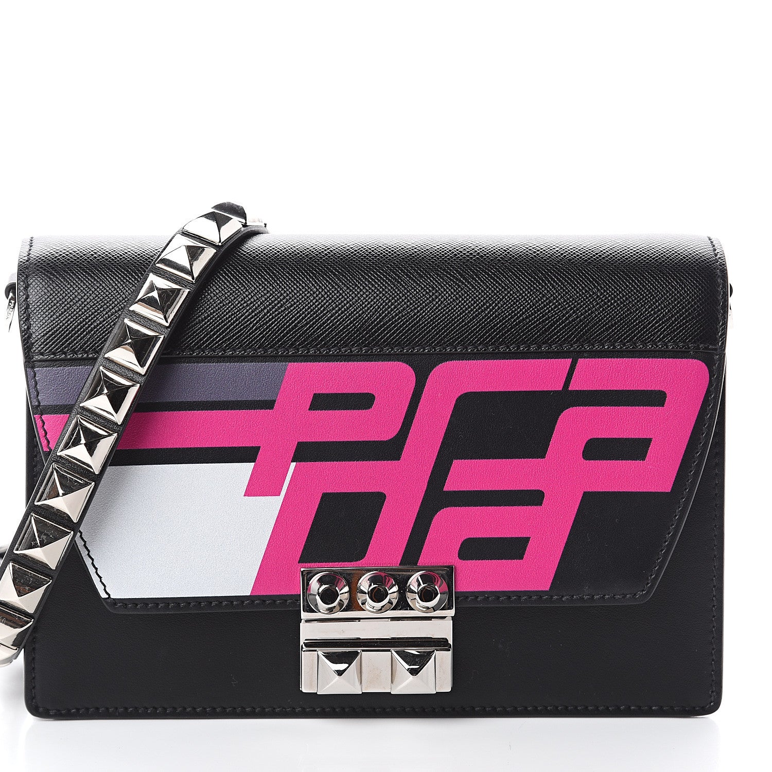 Prada City Calfskin Saffiano Racing Logo Elektra Shoulder Bag Fuxia Black 6 of 8