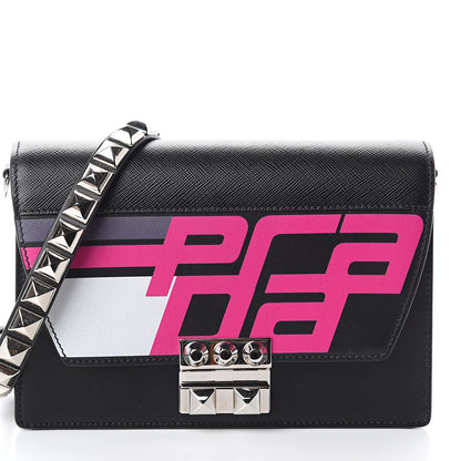 Prada City Calfskin Saffiano Racing Logo Elektra Shoulder Bag Fuxia Black 6 of 8