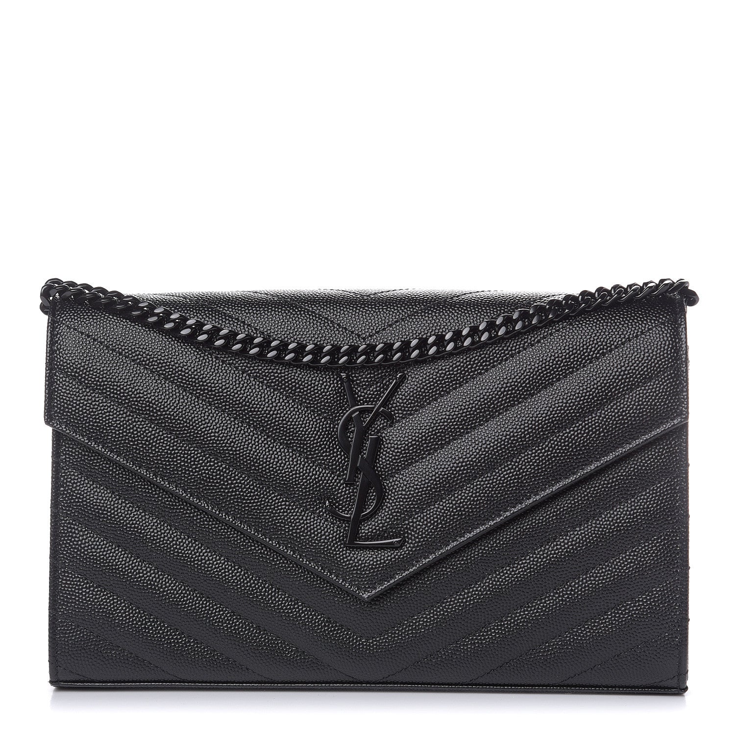 Saint Laurent Grain De Poudre Matelasse Chevron Monogram Chain Wallet Black 1 of 8