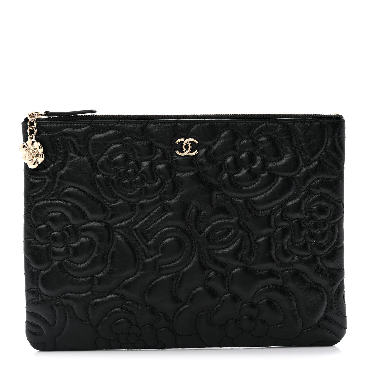 Calfskin Camellia Embossed Quilted Medium Cosmetic Case Black