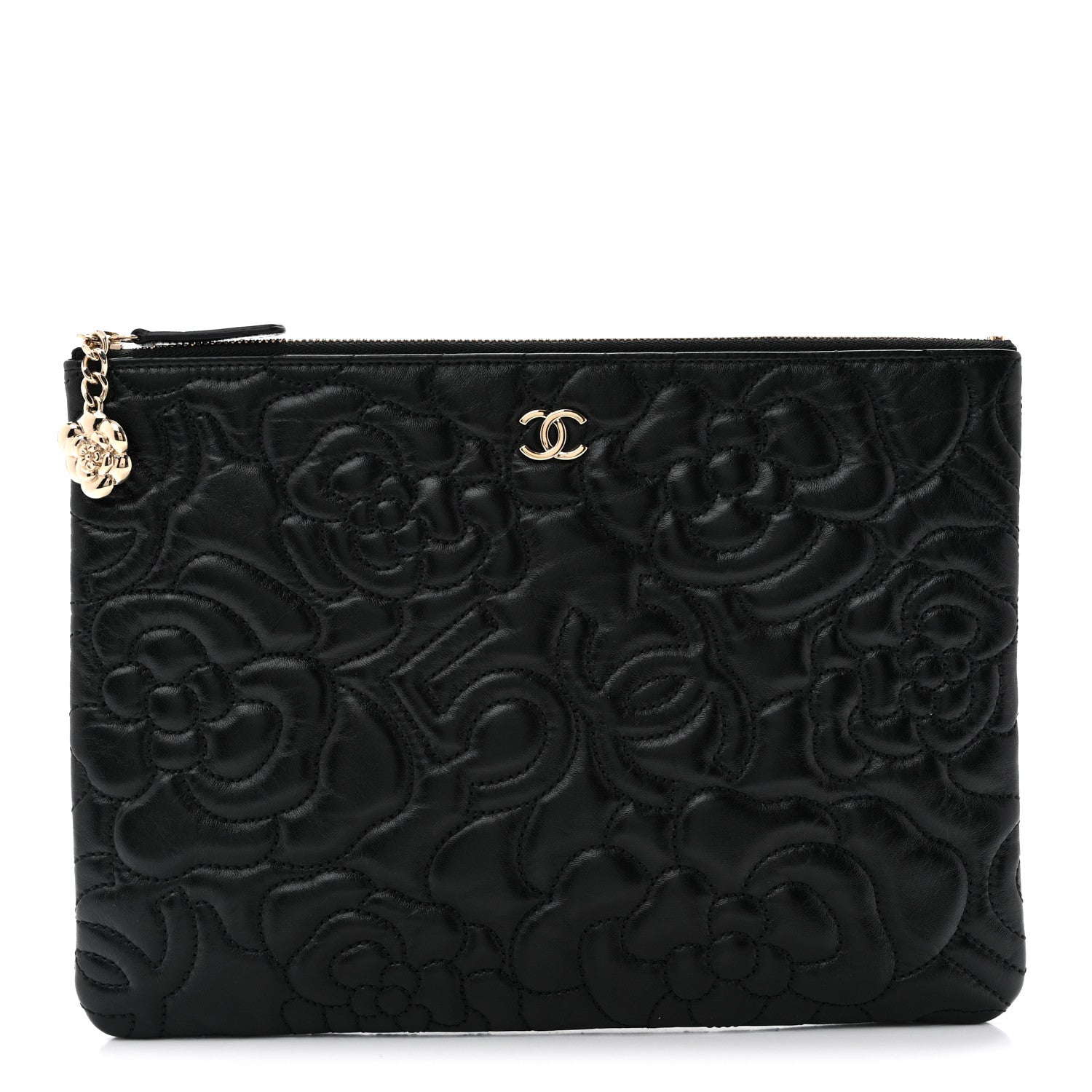 Chanel Calfskin Camellia Embossed Quilted Medium Cosmetic Case Black 1 of 7